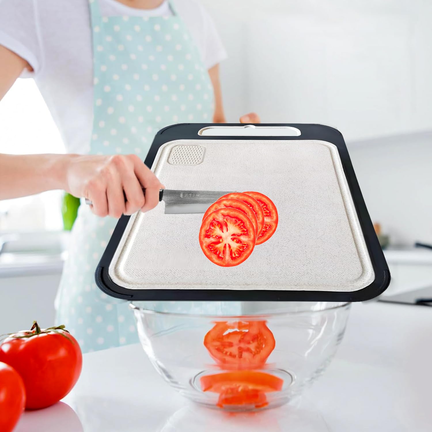 Juego de 2 tablas de cortar de doble cara, tabla de cortar de acero inoxidable con bordes antideslizantes, tabla de cortar de paja de trigo para carne y verduras, incluye zona de molienda de ajo, 13.6