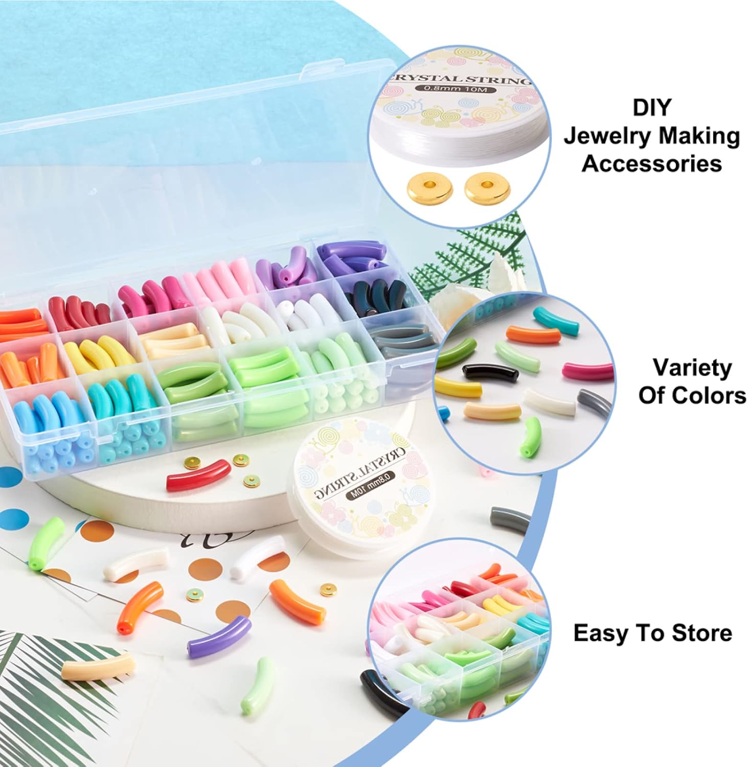 FASHEWELRY 180Pcs Colorful Bamboo Tube Bangles Bracelet Chunky Acrylic Stacking Curved Tube Beads with Disc Spacer Beads Elastic Crystal Thread for DIY Jewelry Making