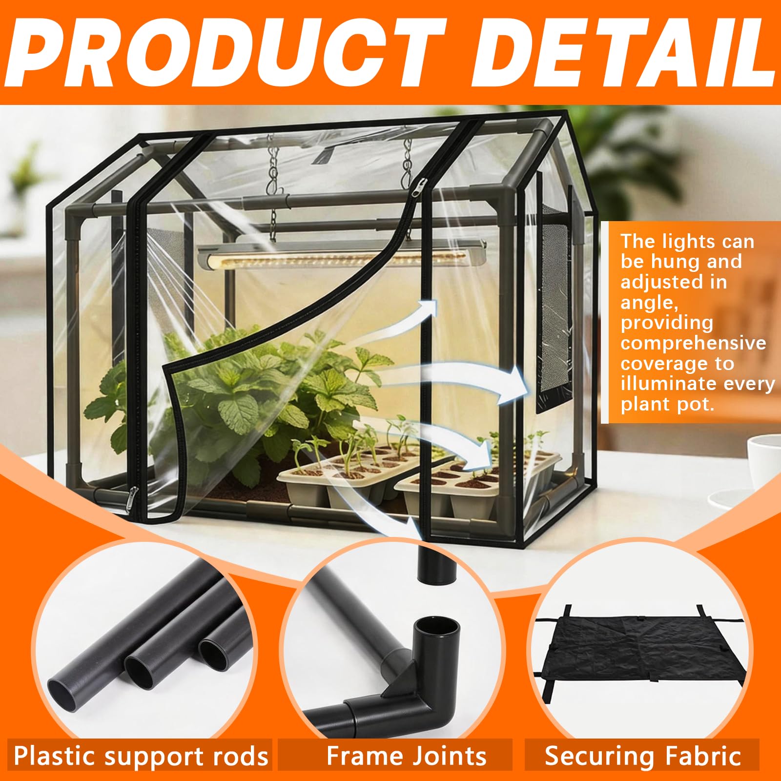 Kit di Piantagione, Serra da Balcone con 6 Piccoli Vasi da Fiori e Lampada per Piante Copertura PVC 60 x 40 x 50 cm Serra da Giardino Resistente Alle Intemperie Trasparente per Giardino Balcone