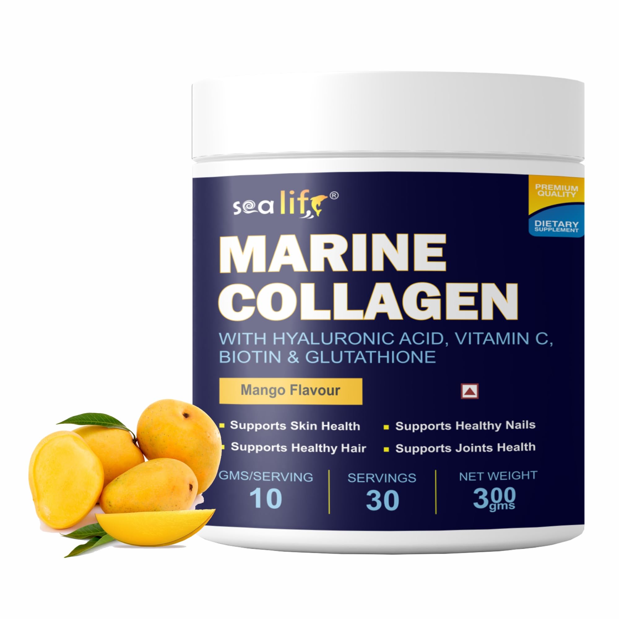 Sea life Marine Collagen Powder | Fish Collagen(300 GM) with Hyaluronic acid, Vitamin-C,Biotin & Glutathione for Hair, Nails, Skin, Muscle and Joints health (Mango Flavour) Pack of-1
