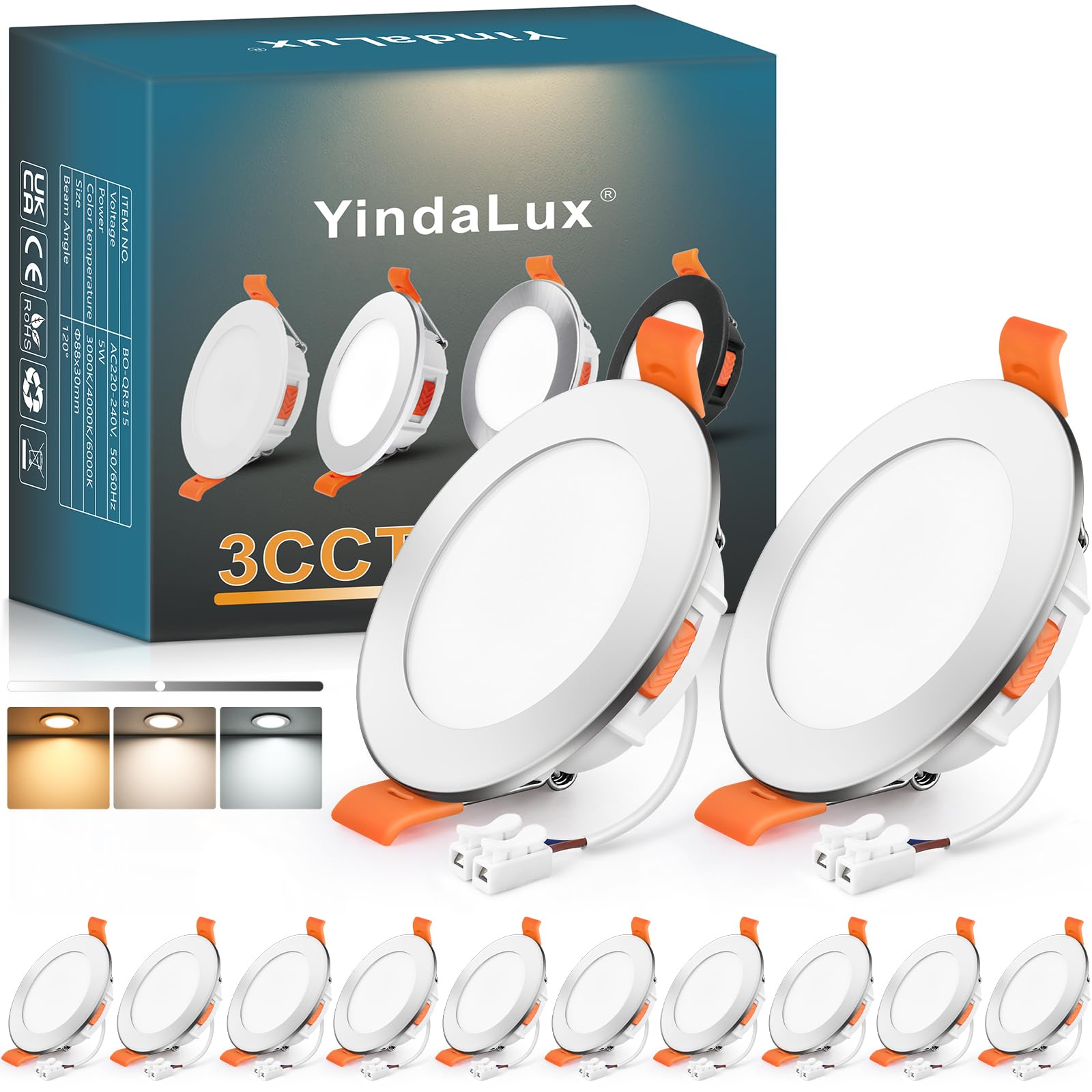 YindaLux Recessed LED Spotlight 230V Dimmable 5W 550LM – Chrome Ceiling Spot, 68mm Hole Size, IP44 Bathroom Recessed Lighting – Warm 3000K | Neutral 4000K | Cool 6000K (12-Piece Set)