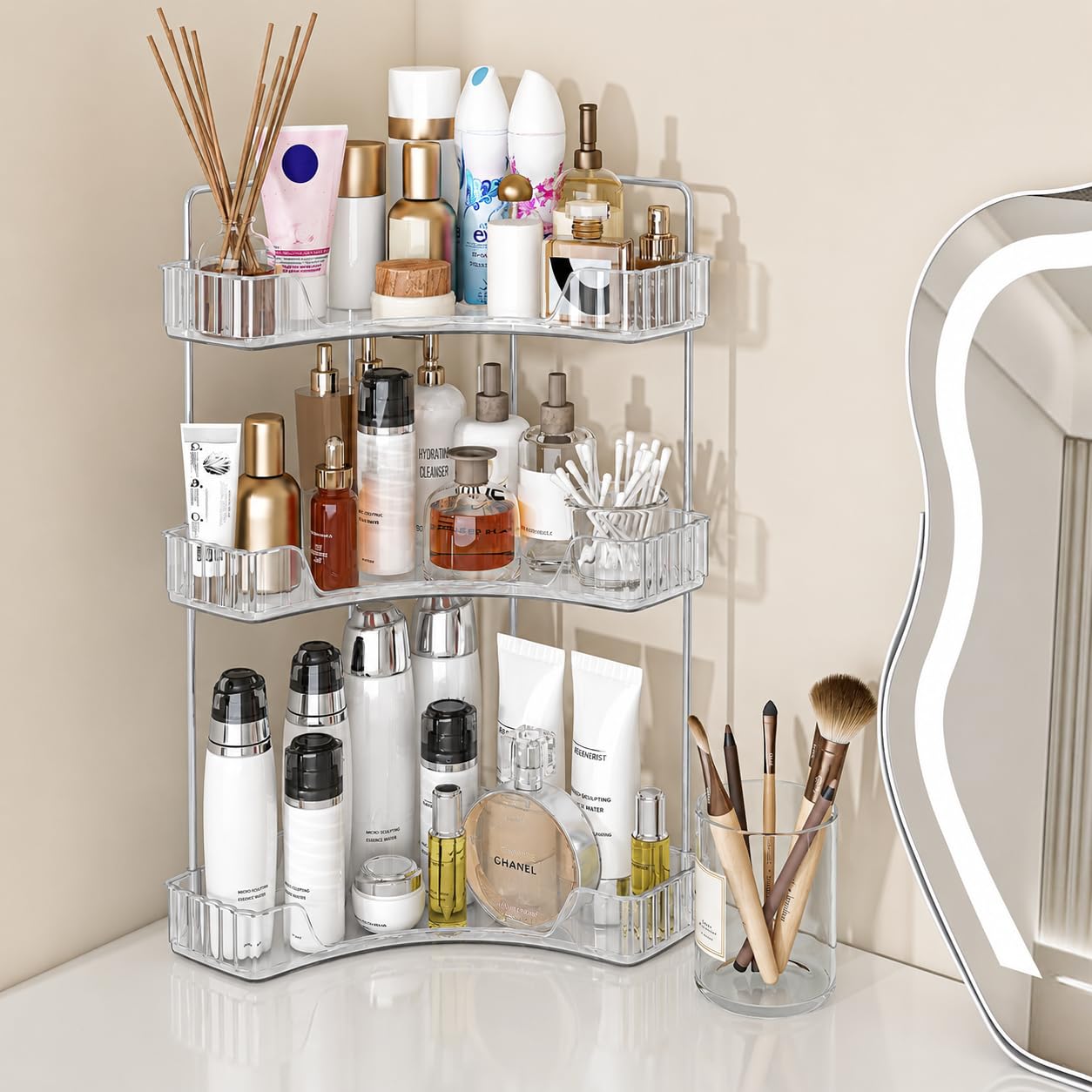 OLMARTT KITCHENWARE 3 Tier Corner Bathroom Organizer | Countertop Makeup & Cosmetic Organizer | Space Saving Vanity Storage Rack for Bathroom, Kitchen, Dressing Table & Skincare | Clear-picture-48