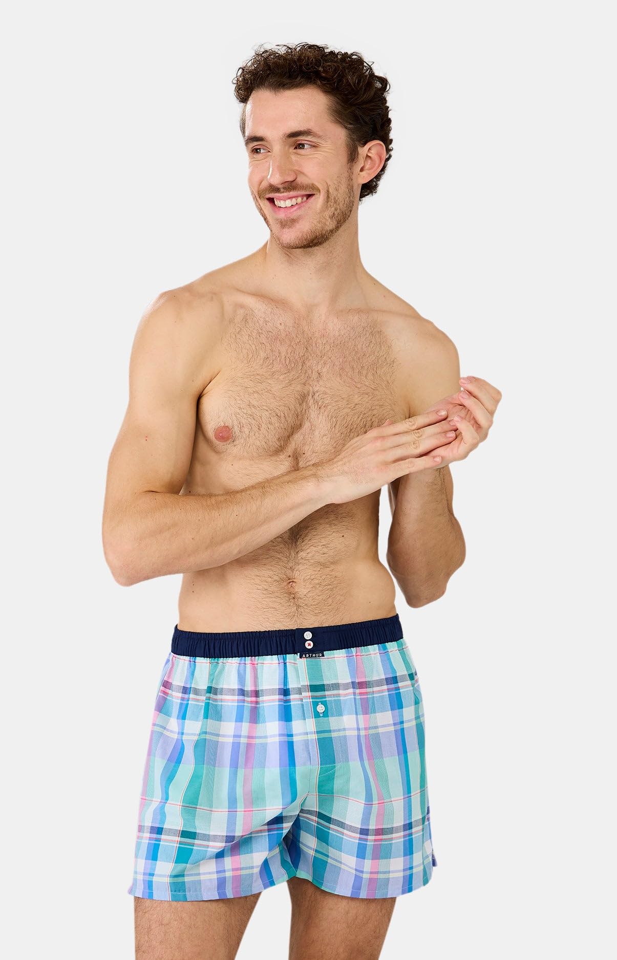 ARTHUR - Caleçon Homme avec Maintien Intégré - 100% Coton - Respirant & Doux - sous-vêtement Homme à Motifs Carreaux Vert et Bleu - Taille M