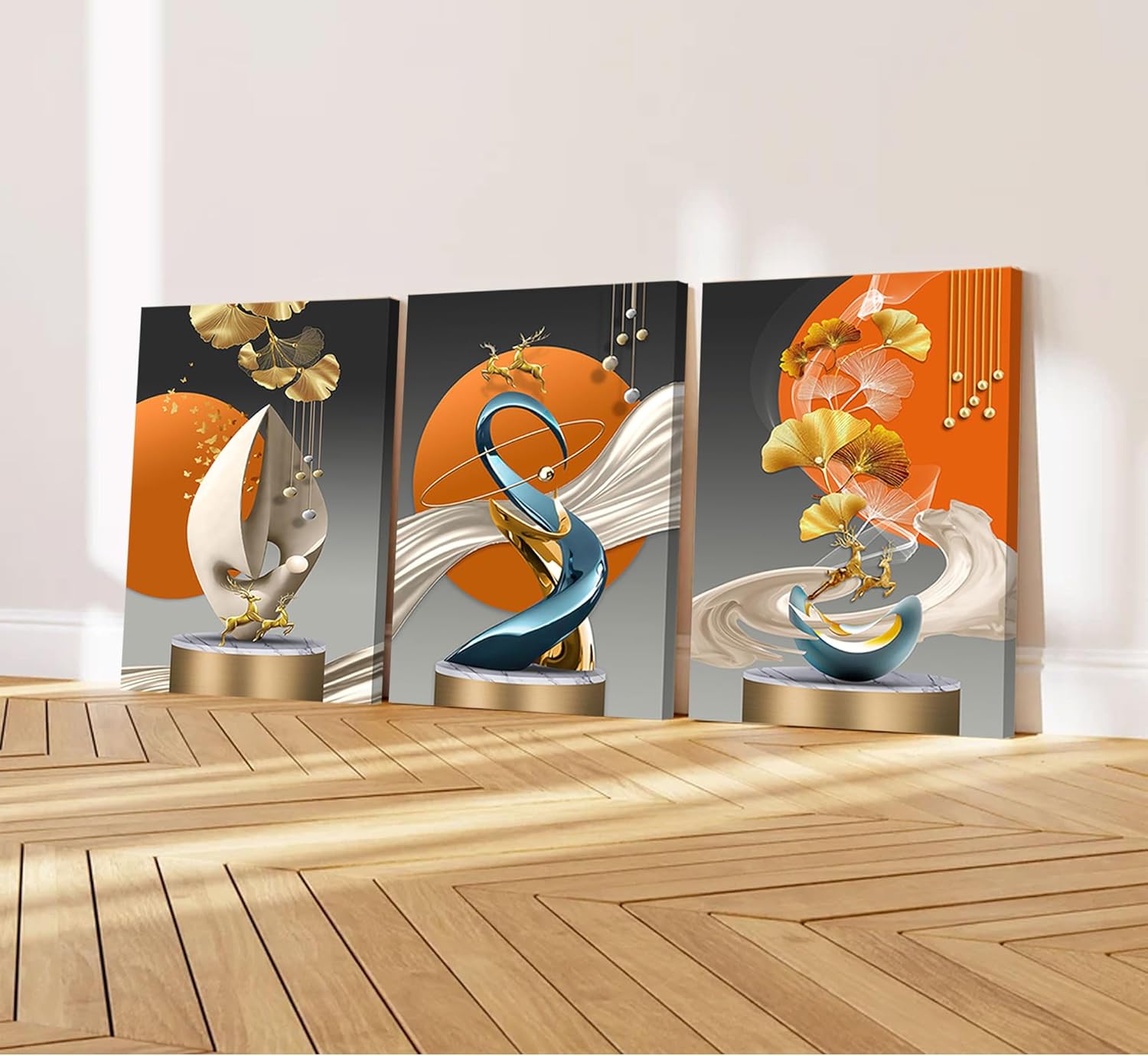 3pcs Modern Abstract Canvas Wall Art Golden Deer Ginkgo Leaf Luxury Foil Lines Wall Decor Pictures White Blue Orange Color Posters Prints Paintings for Living Room Bedroom Office Home Decoration