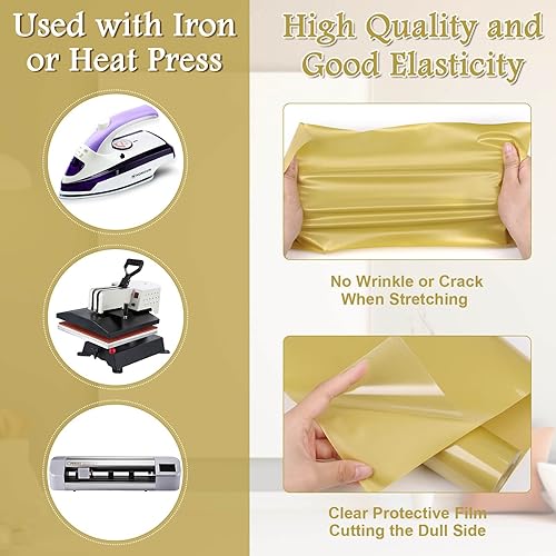 Miniatura 5 de Rollo de vinilo dorado de transferencia de calor, rollo de vinilo HTV dorado de 12 pulgadas x 24 pies para camisas, vinilo para planchar para Cricut