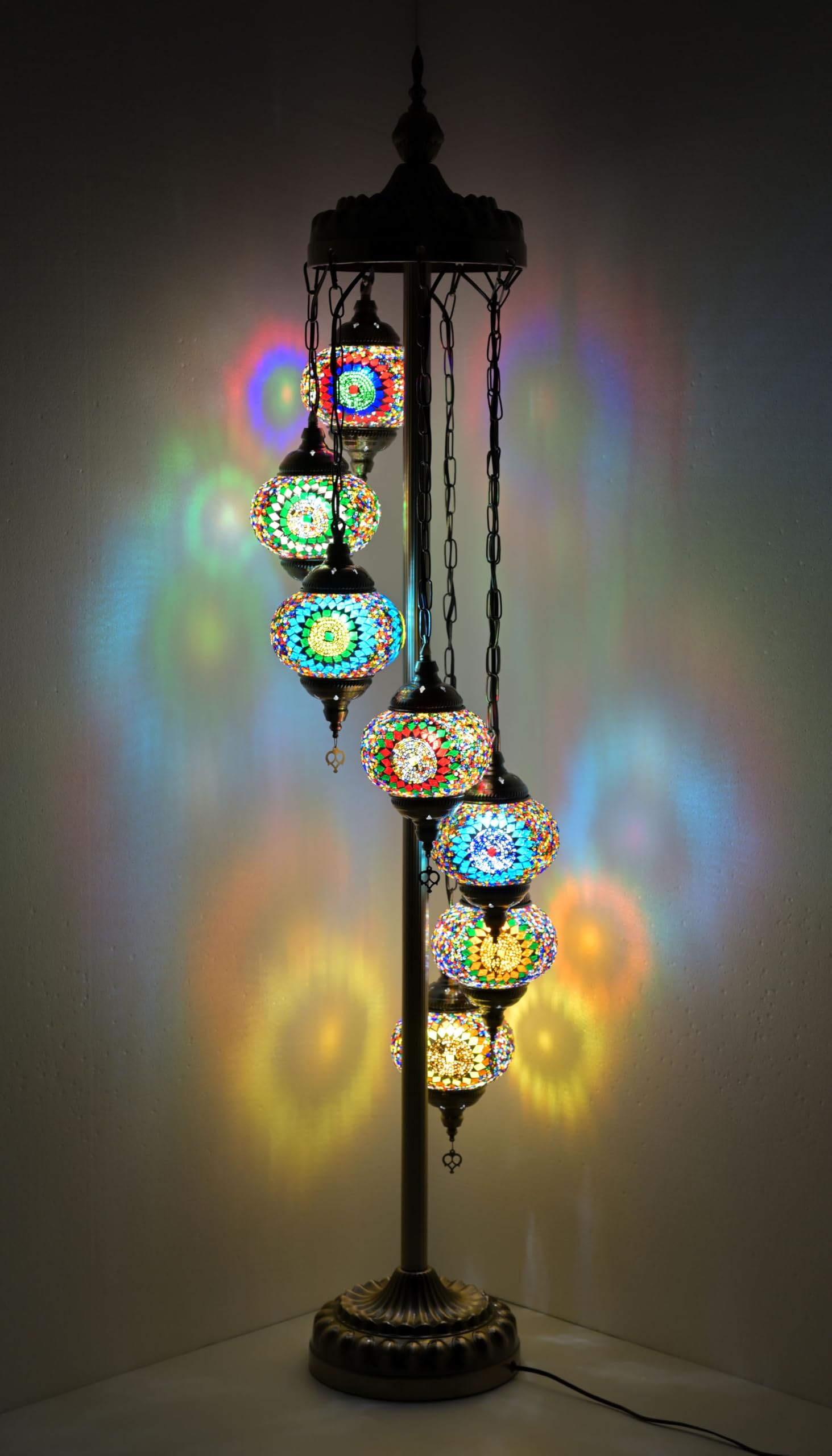 Turkish Moroccan DIY Floor Lamp Kit 7 Big Mosaic Glass Globes Vintage Bohemian Tiffany Style Decorative Floor Lamp (Colorful)
