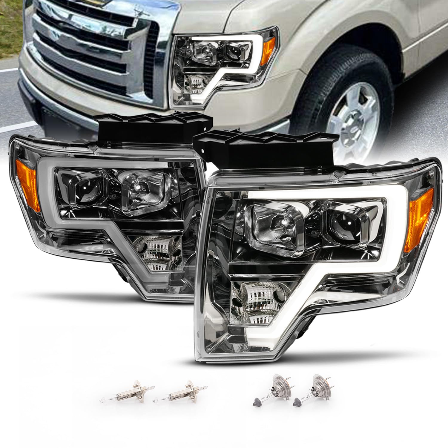 AmeriLite 2009-2014 Ford F150 Truck LED Bar Square Projector Headlights