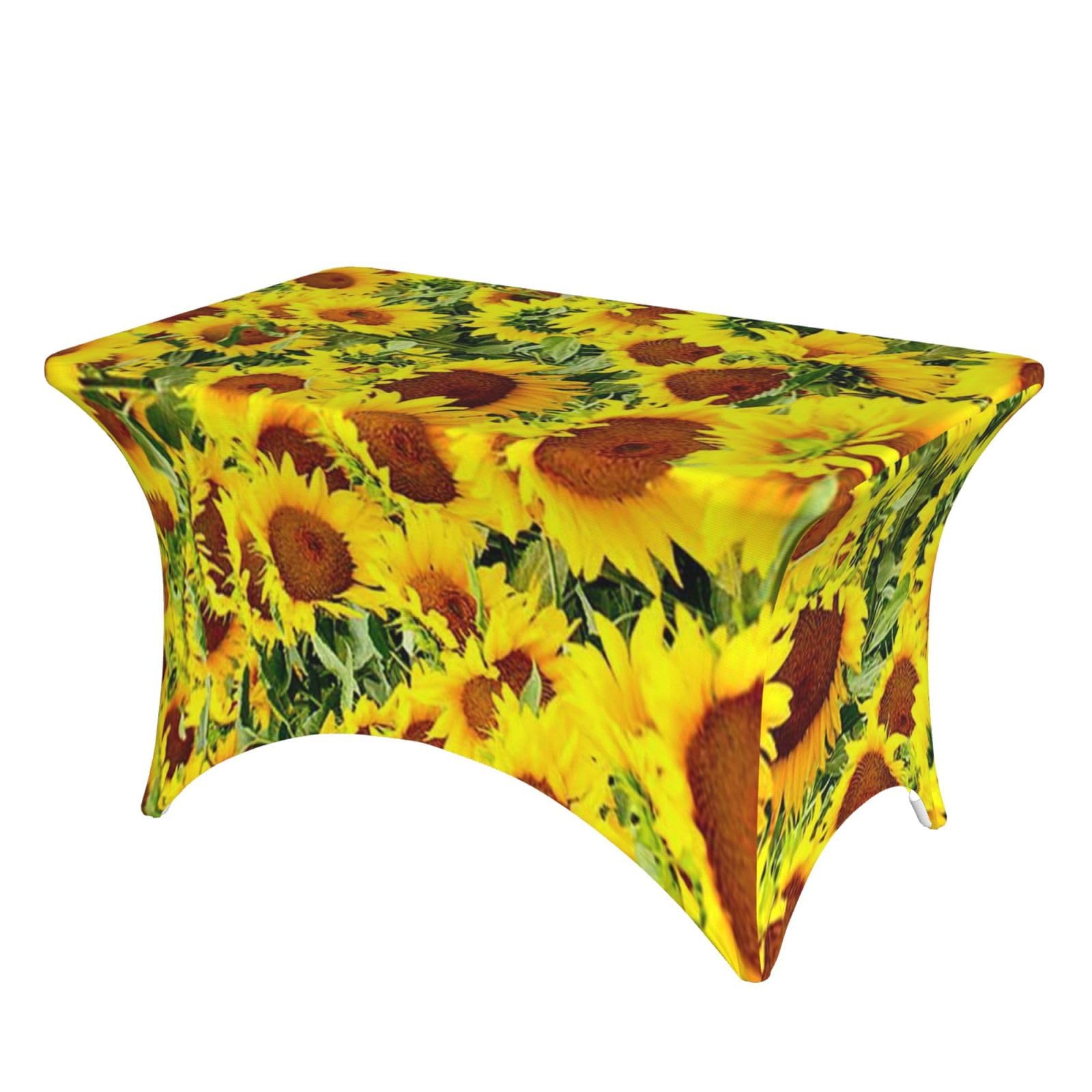 Dcehgew Many Sunflowers 4Ft Spandex Rectangular Table Cloth, Printed Fitted Elastic Tablecloths Washable Table Cover For Event, Wedding, Banquet & Party