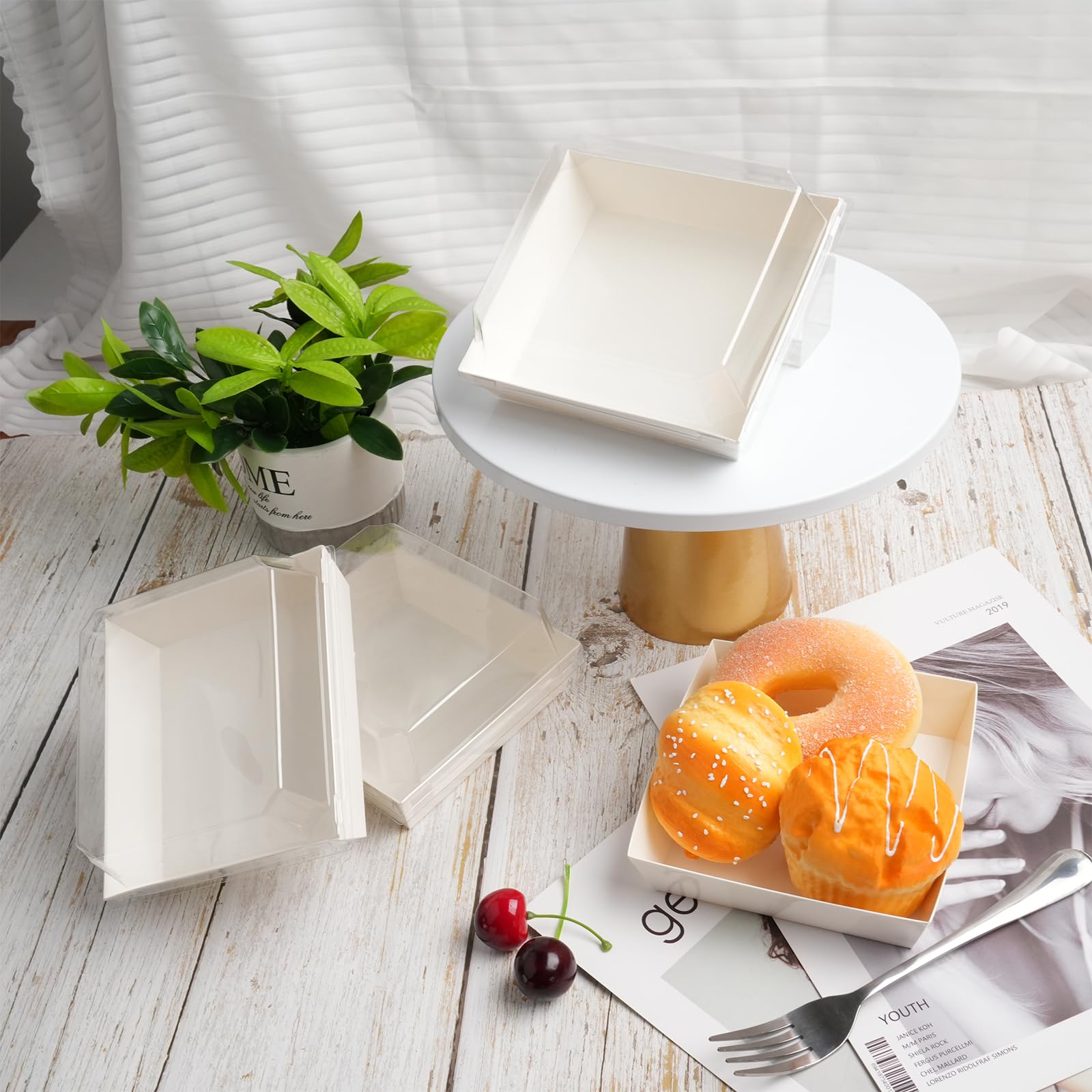 Scatole Charcuterie con coperchi trasparenti, 14 x 12 x 6 cm, contenitori quadrati usa e getta, scatole da dessert, scatole di carta da forno con coperchio per panino, biscotti, sushi, fette di torta