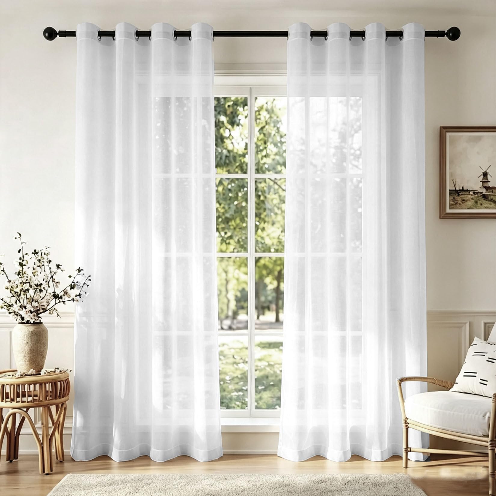Firany Półprzezroczyste 195 x 190 cm Przepuszczająca Światło, Przelotki Firany Z Woalu Zwiewna Tkanina Typu Gauze, Na Patio, Do Wnętrz, Do Sypialni, Biały