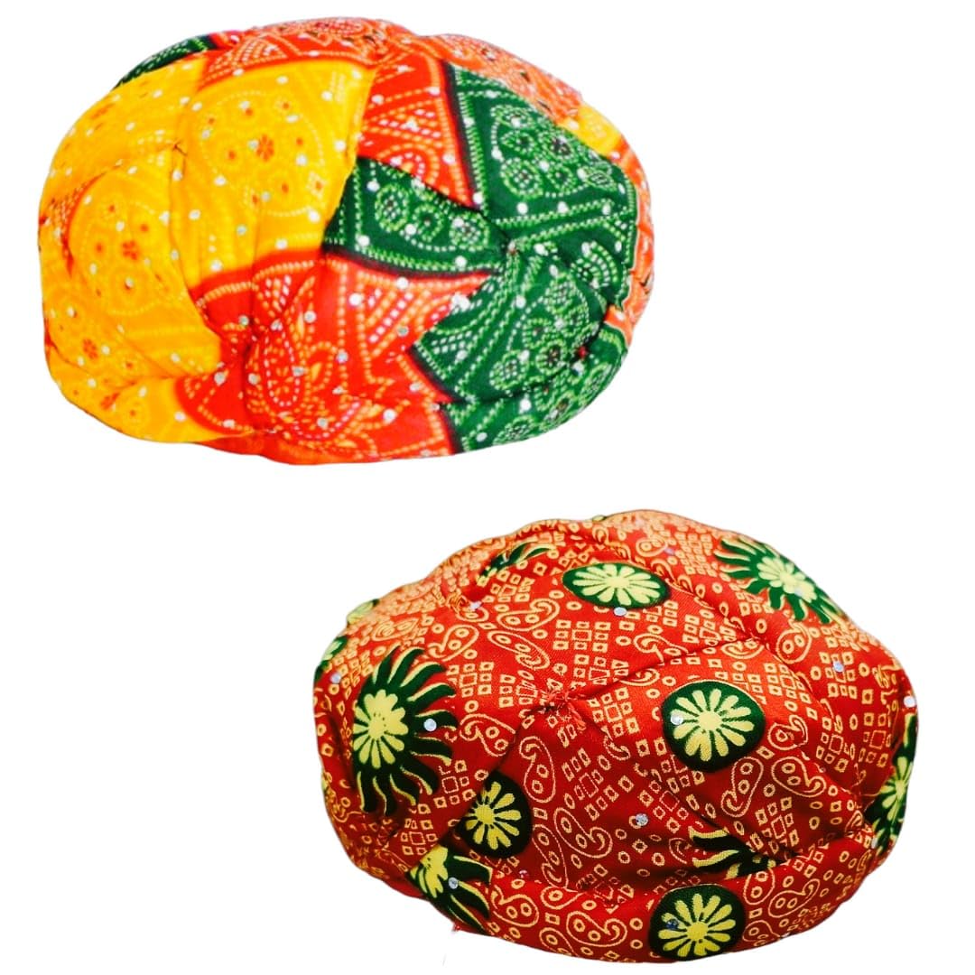 Natani Traders Traditional Rajasthani Wedding Turban, Decorative Pagdi with Floral Pattern, Red Yellow Green, Cotton Fabric for Men Guests (Pack of 2)-picture-11
