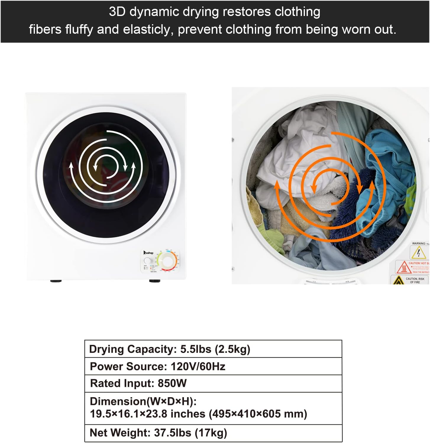 Winado Portable Clothes Dryer, 1.5 Cu.ft. Mini Laundry Dryer, 5.5LBS Compact Electric Dryer w/Simple Control Knob, Stainless Steel Tub, Wall Mounting Kits, for Apartments Dorms RVs, 120V 850W