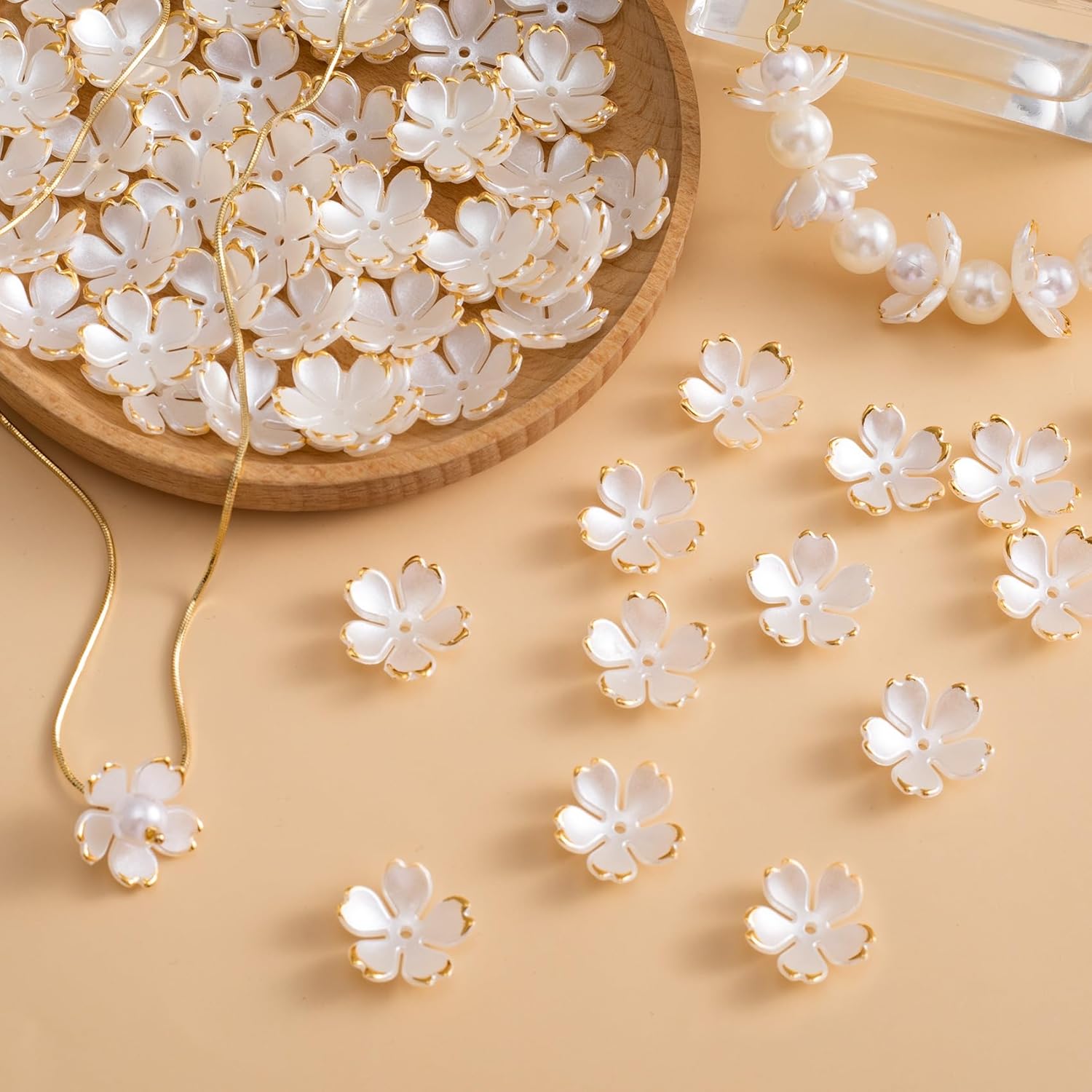 100 Pcs Flower Beads for Jewelry Making, Gold-Plated Flower Charms, Cherry Blossom Beads, Acrylic Floral Beads for Crafts, Bracelets (Creamy White) - Image 7