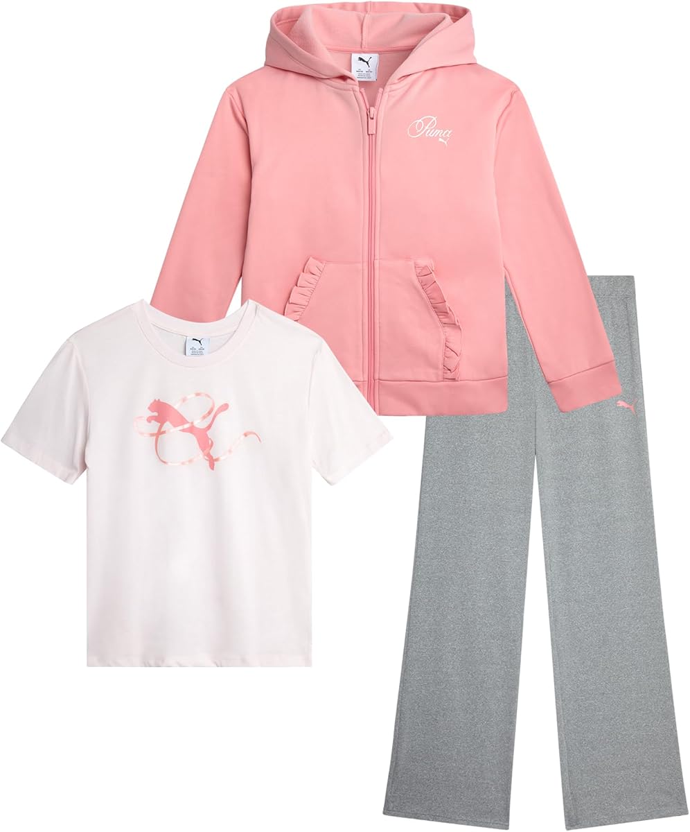 Conjunto de leggings y sudadera con capucha de forro polar con cremallera y camiseta de 3 piezas para niñas (tallas 7-14)