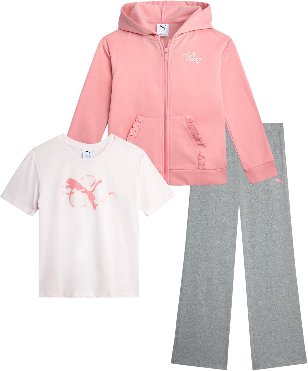 PUMA Active Girls Legging Set - 3 Piece Athletic TShirts Zip Up Fleece Hoodie Sweatshirt and Legging Pants for Girls (7-14)