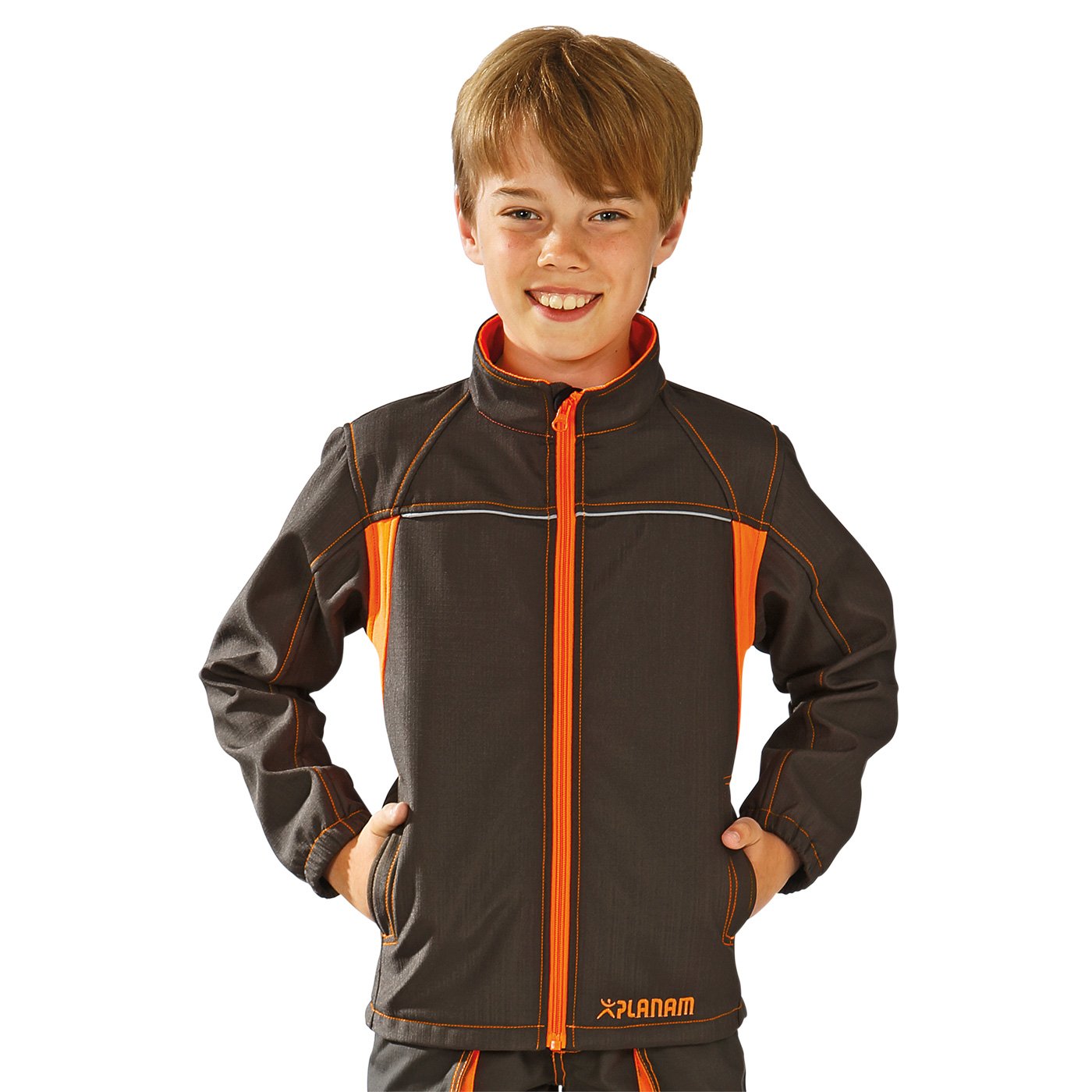Planam 6132 Junior Softshell Jacke - Farbe: Olive/Orange - Größe: 110