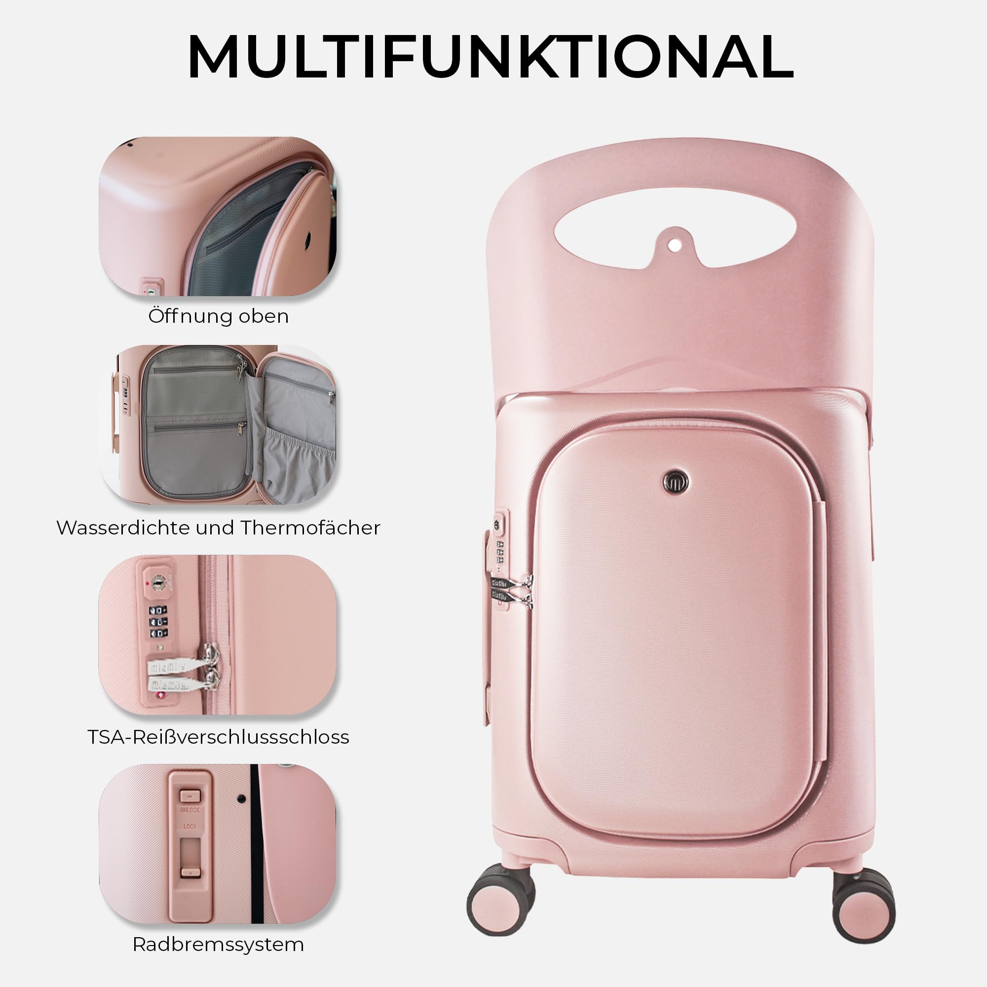 MiaMily Carry-On Plus Ride-On Koffer, Integrierter Sitz, Obenliegender Zugang, wasserdichte und Thermotasche, Radbremsen, TSA-Schloss, Dusty Pink