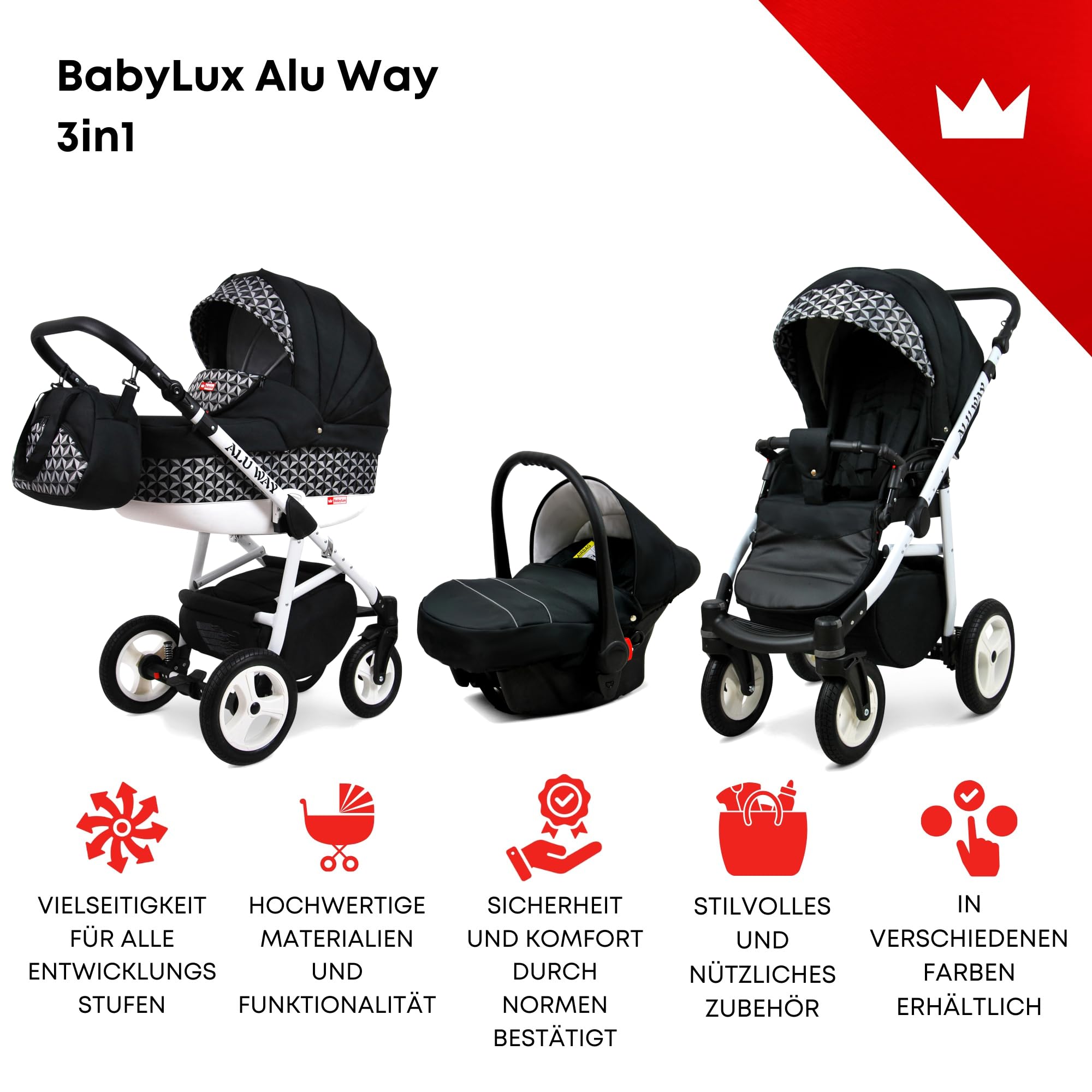 BabyLux Enfant Poussette Combinée Set 3 en 1 Alu Way Pliable avec Sac à langer