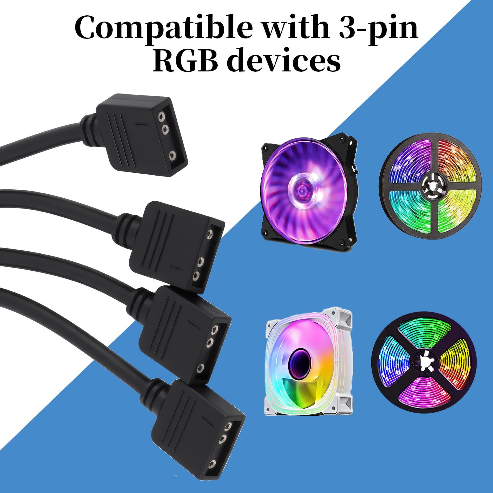2 Pièces Câble Répartiteur ARGB 5V 3 Pin 1 vers 4, 30 cm Hub ARGB Adaptateur RGB, Connecteurs Mâles, Compatible Cartes Mères ASUS MSI Gigabyte, Extension pour Ventilateurs LED Adressables et Bandes
