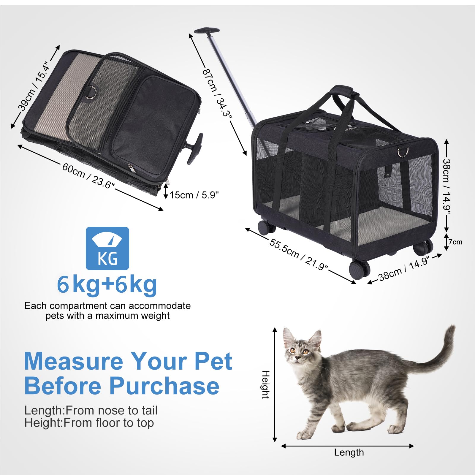 Transportín Doble para 2 Gatos con Ruedas y Carro Desmontable, Bolsa de Transporte de Doble Nivel 2 en 1, hasta 12 kg, Ideal para Gatos y Perros Pequeños, Negro