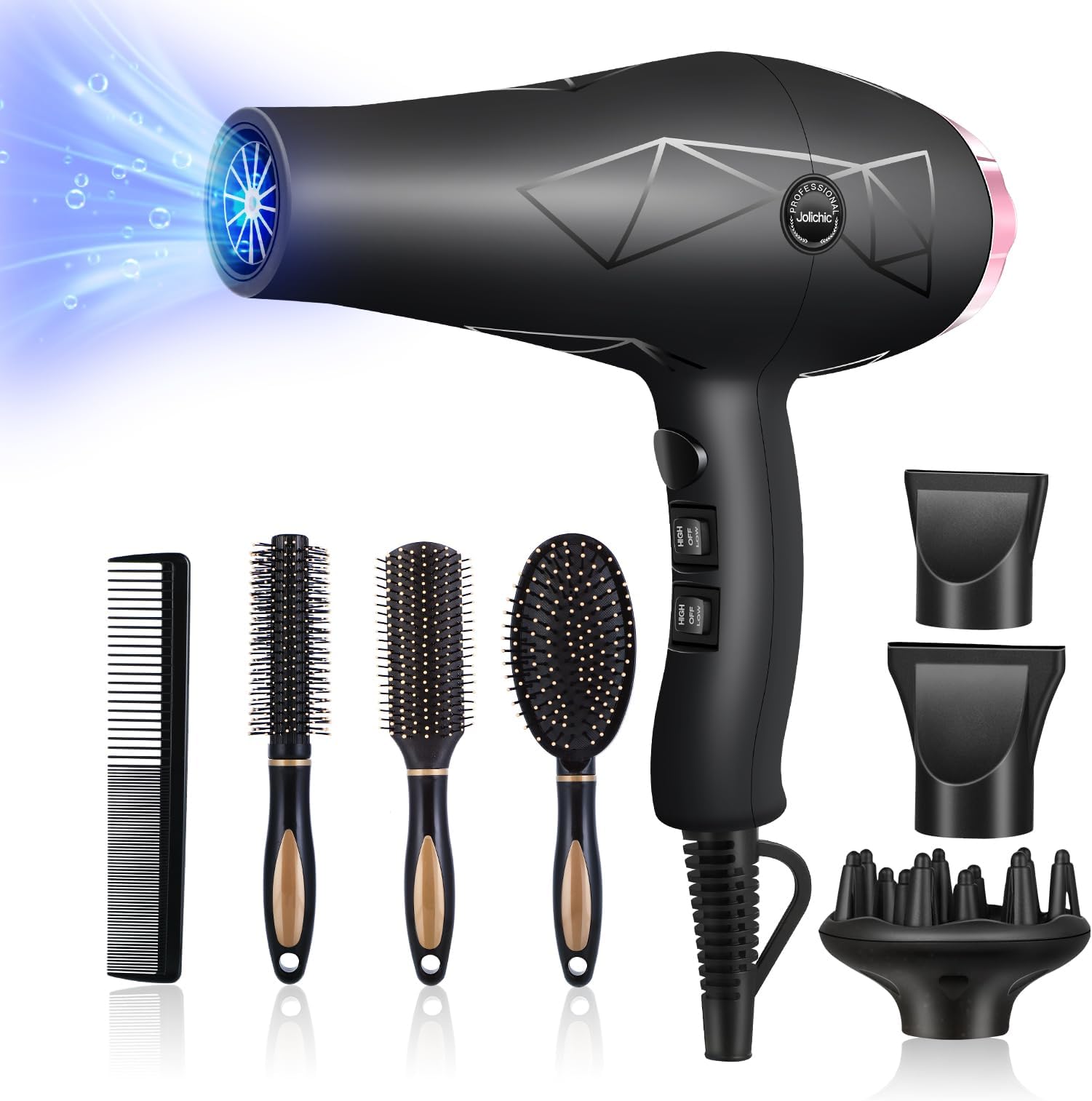 Jolichic Professional Hair Dryer, 2400W Ionic Hairdryer with Diffuser for Women Men with Cool Button, 2 Speed 3 Heat Setting, 2 Nozzles/4 Styling Combs, Dry Blow Dryer for Salon Home and Travel