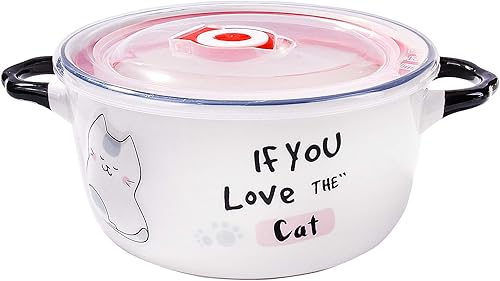 Tazón de sopa de cerámica para microondas con tapa y asas, lindo cuenco de cereales de gato de dibujos animados para sopa de fideos instantáneos