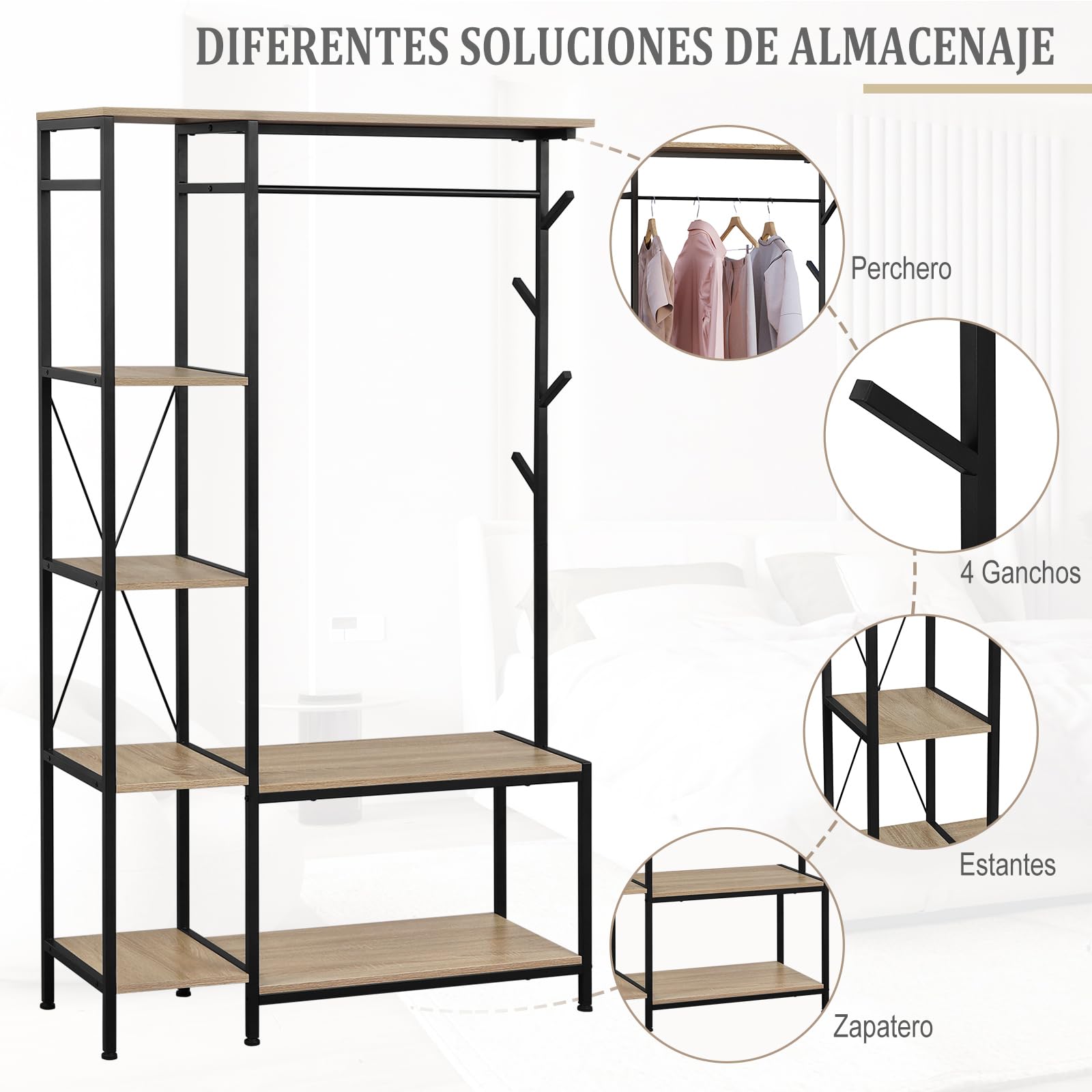 eSituro Perchero con banco 3 en 1, 4 estantes, 4 ganchos, para pasillo, oficina, dormitorio, 100 x 40 x 175 cm, roble claro y negro SGR0150