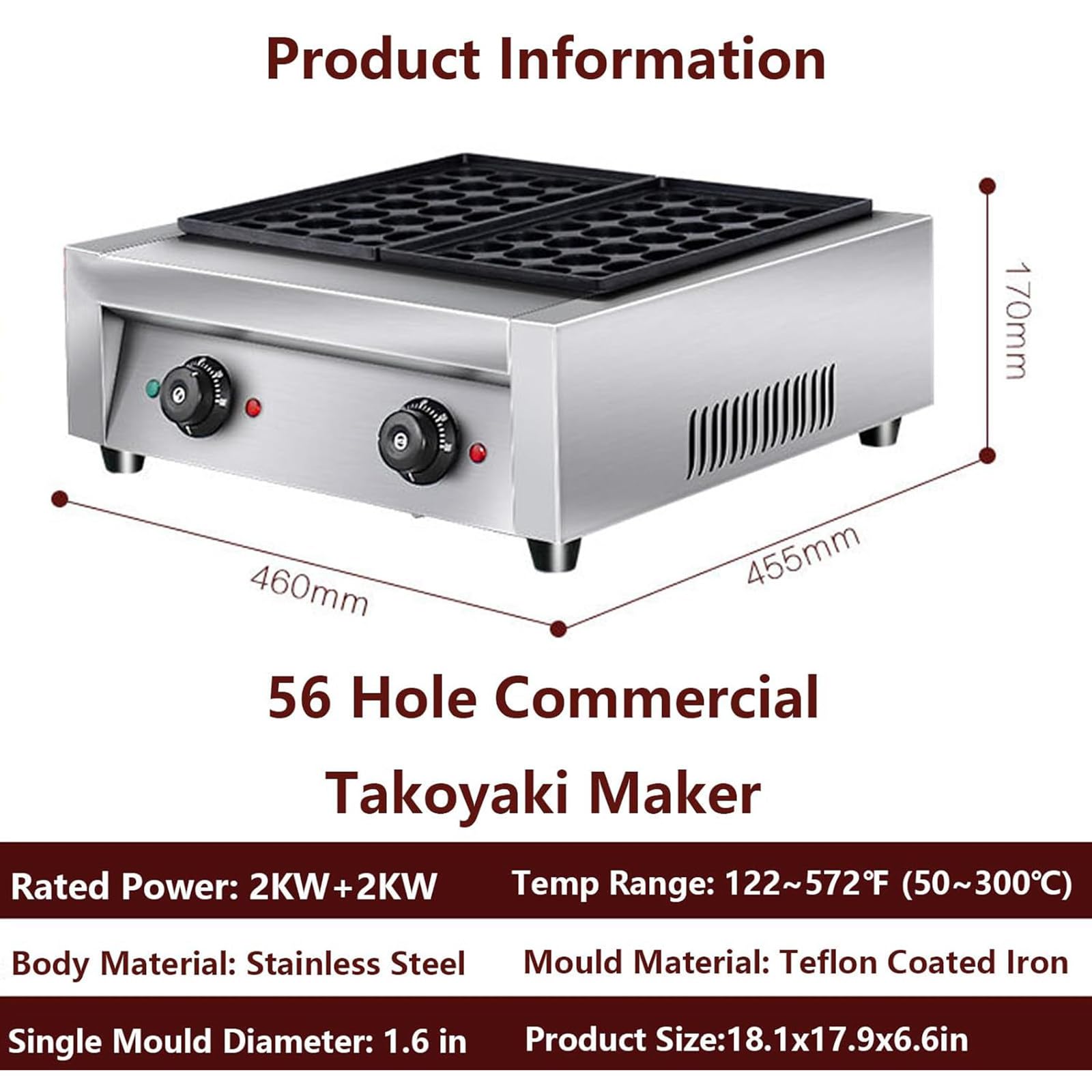 Máquina Takoyaki Eléctrica de 56 Hoyos Electric Octopus Fish Ball Griller Maker Máquina de Bolas de Pulpo para Calles de Refrigerios