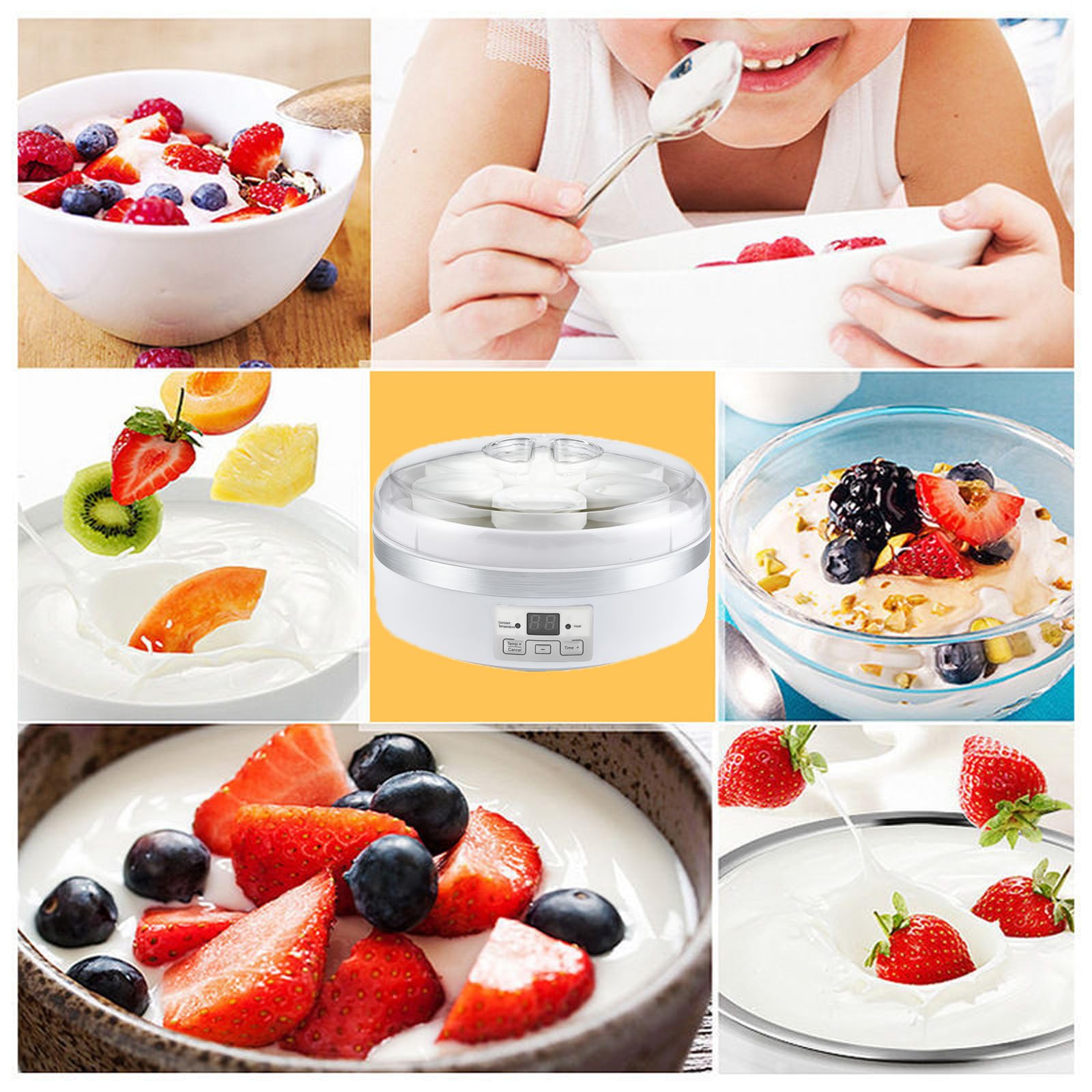 Macchina per Yogurt da 1,7 Litri con Timer E Filtro, Rivestimento Interno in Acciaio Inox, Include 7 Vasetti in Vetro, per Yogurt Greco.