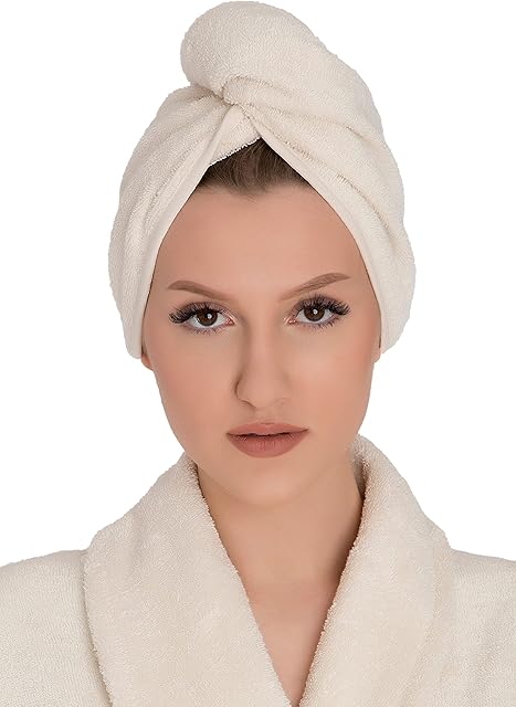 Hamur Home Ręcznik do Włosów Hair Towel Wrap Zapinany Na Guzik Wygodny Turban, Naturalny kolor bawełny Ecru 100% Bawełna frotte