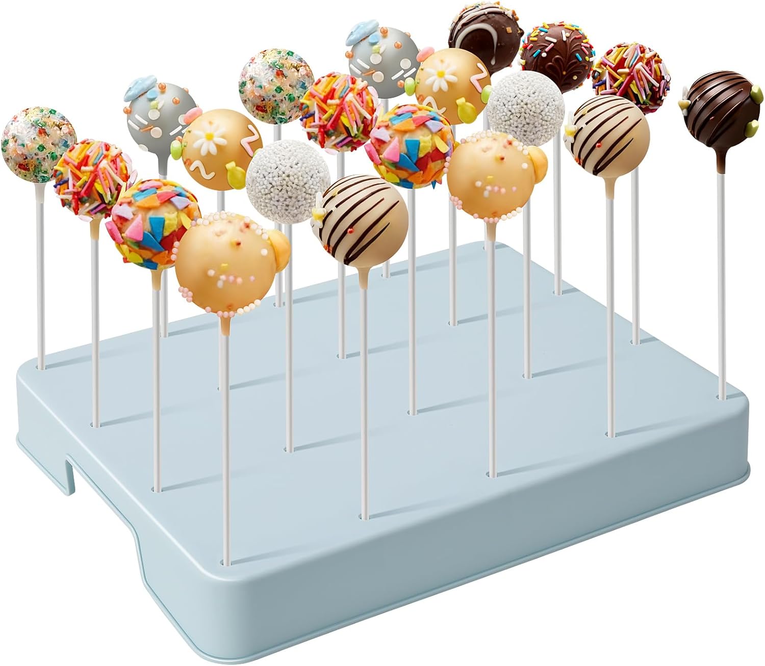 20-Hole Cake Pop Stand with Large Spacing and Taller Height, Easy to Use Upgraded Lollipop Holder & Cake Pop Holder with 100 Sticks, 100 Bags & 100 Ties, Dessert Table Display– Blue