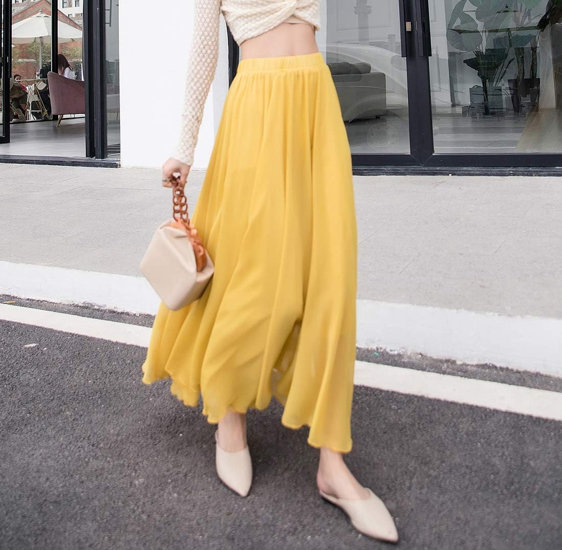 Womens High Waist Flowy Chiffon Long Skirt Summer Casual A Line Boho Beach Dance Maxi Skirt