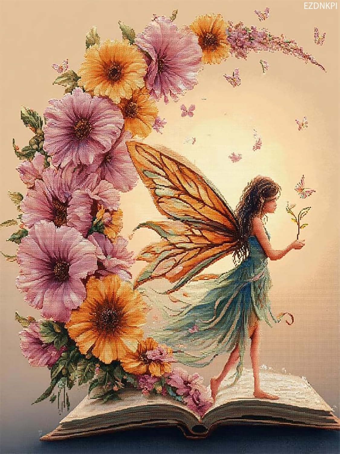 EZDNKPI Fantasy Flowers Stamped Cross Stitch Kits, Butterfly Fairy and Moon, DIY Embroidery Starter for Beginners 11CT Counted Cross Stitch Kits 12x16inch