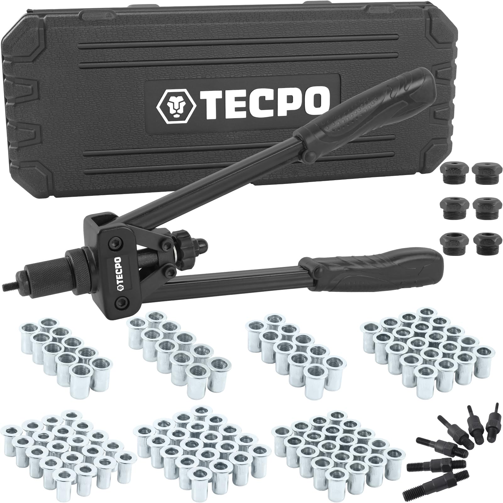 TECPO Nietmutternzange Set, 249-teilig Blind Nietmuttern Satz mit Gewinde, Nietzange, Universalschlüssel, Zugdorne und Mundstücke aus Stahl M3, M4, M5, M6, M8, M10 Ø 5,0-13mm