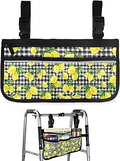 Summer Lemon Wheelchair Side Bag Walker Bag, Farmhouse Yellow Fruit Black Plaid Wheelchair Accessories Armrest Pouch, Organizer Storage Bag for Walkers, Rollators, Scooters, 7.3'x13'