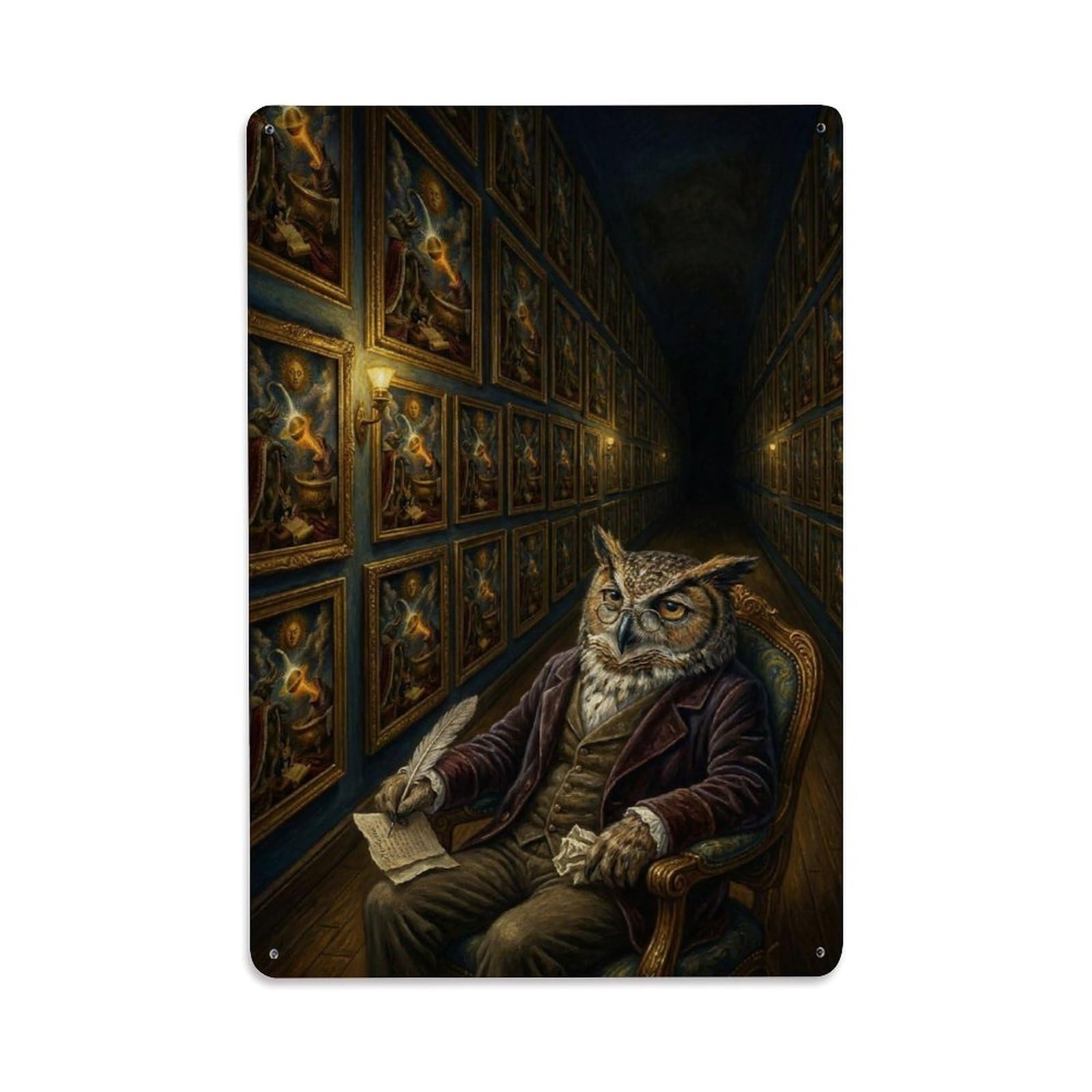 Owl Endless Gallery Satire Surreal Vintage Animal Aesthetic Metal Tin Sign Plaque Wall Decor for Cafe, Man Cave, Club Bar, Office, Home Garden Round Metal Poster 8x12Inch