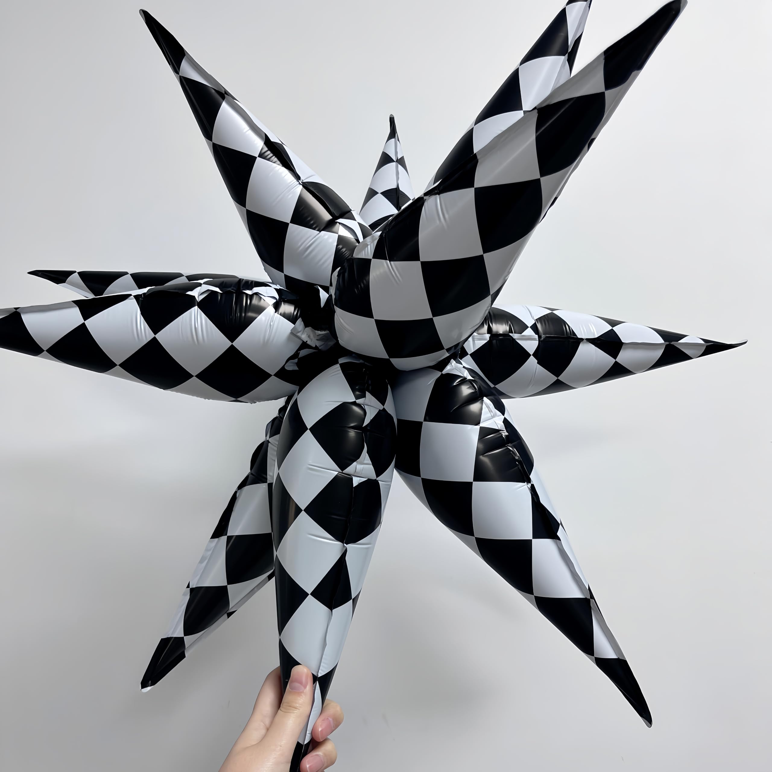 2*12 Pcs Black White Checkered Explosion Pointed Star Foil Balloons/4D Checkered Racing Balloons/Race Car Birthday Party Supplies/Las Vegas Casino Party/Father's Day Boys Birthday Party (2 Pcs Black)