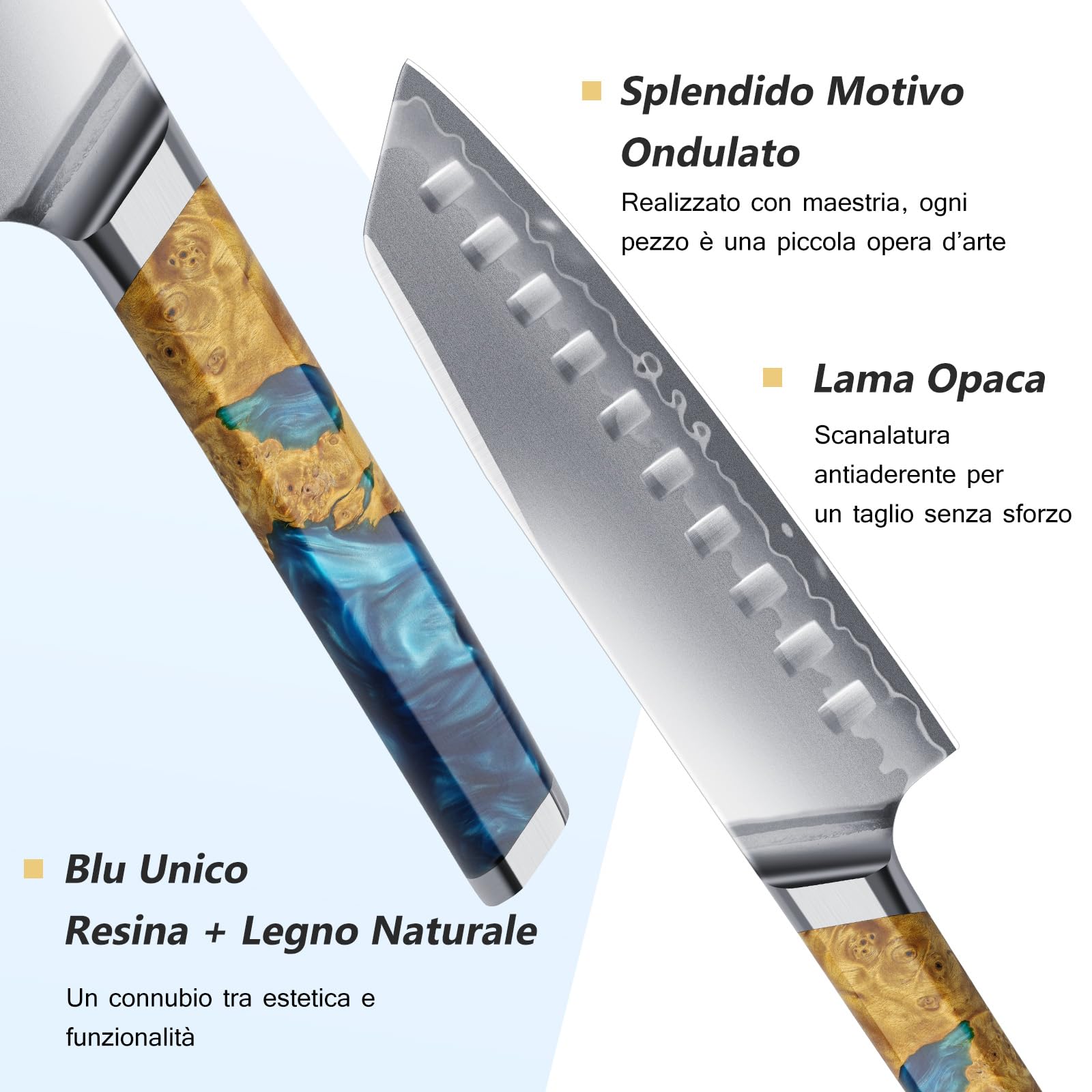 FINTISO Coltello Santoku da 18 cm, Coltello da Chef Giapponese Ultra Affilato con Nucleo in Acciaio in Polvere S35VN, 7 Strati di Acciaio Laminato, Manico in Resina Celeste e Legno Stabilizzato