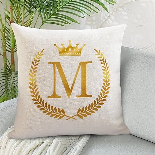 Miniatura 3 de Funda de cojín con monograma de letra M, iniciales de monograma, funda de almohada con corona de letra dorada con cremallera oculta, funda de