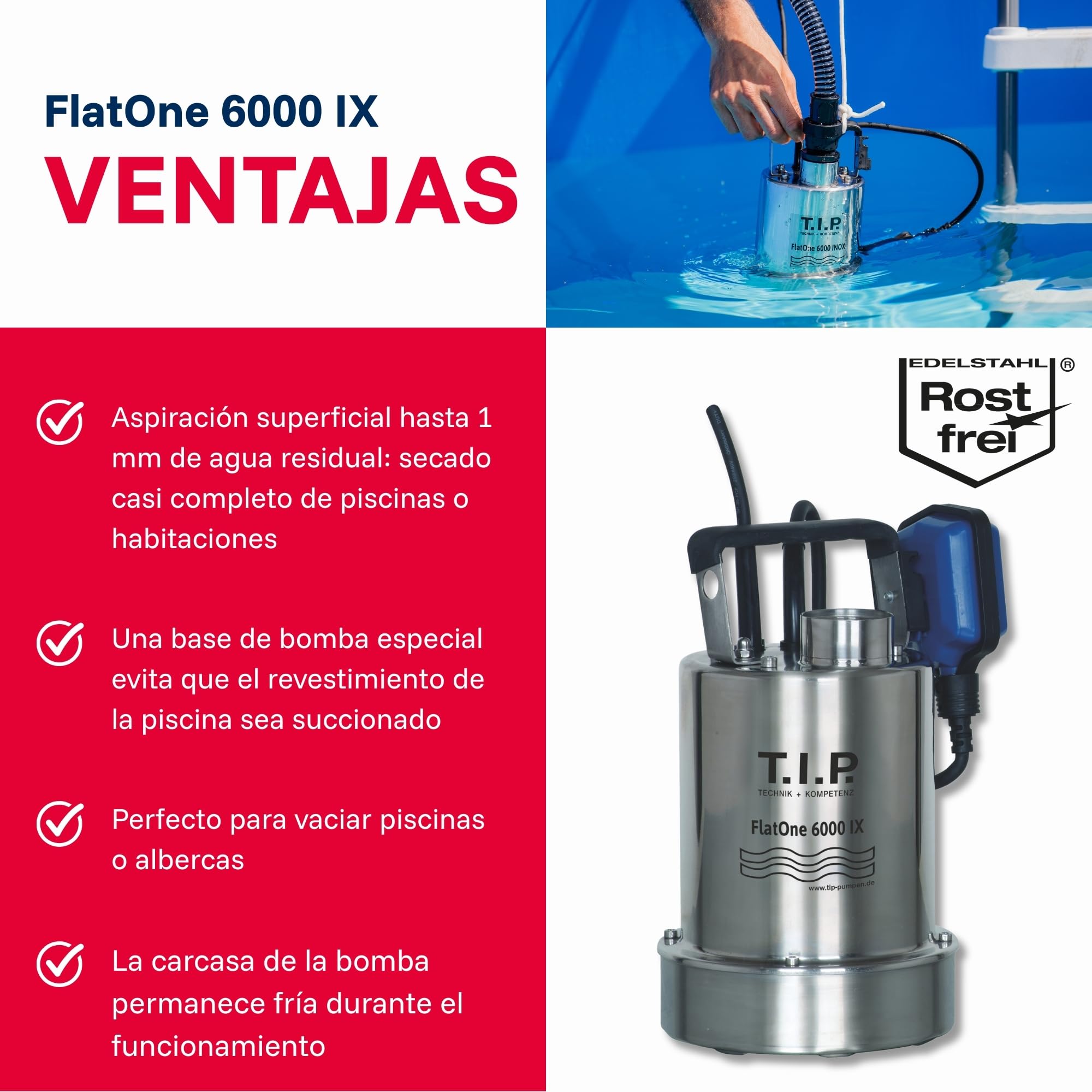 T.I.P. 30440 Bomba de desagüe y desagüe de piscinas FlatOne 6000 INOX, aspiración plana de hasta 1 mm, caudal de hasta 6.000 l/h, 22,5 x 16,5 x 27 cm