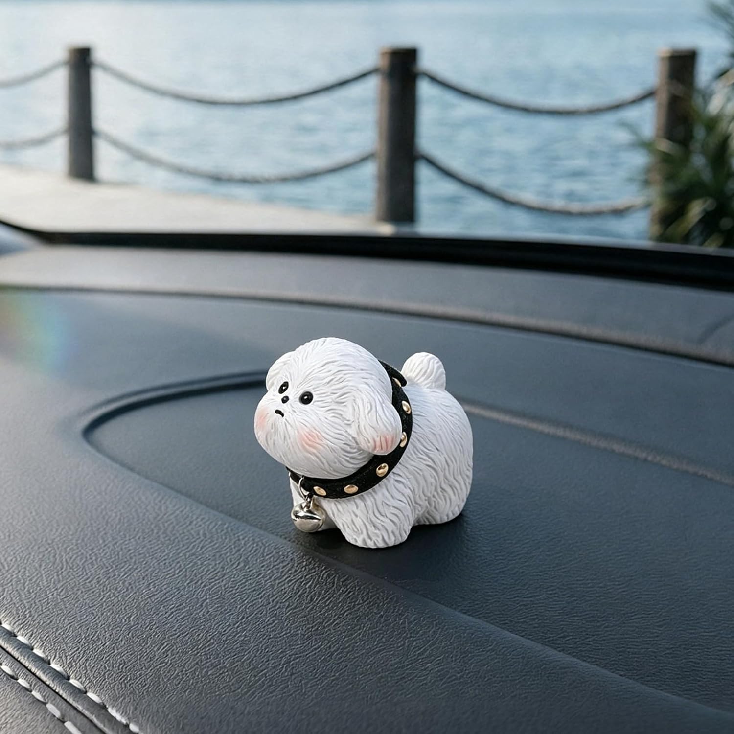 Cute Resin Car Dashboard Puppy Ornament, Kawaii Dog Figurine for Car Decor, Small Dog Statue for Dashboard Center Console Office Desk Home Decor Auto Interior Accessory Gift for Women (White) image 2