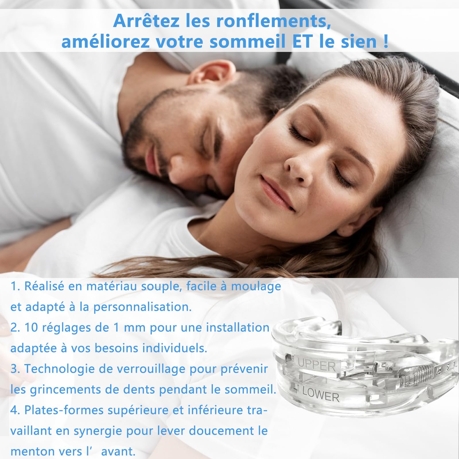Orthèse DOHUG en Silicone : Stop Ronflements et Grincements - Dispositif Réglable, Puissant et Sécurisé pour la Santé Bucco-dentaire (Blanc, Moyen)