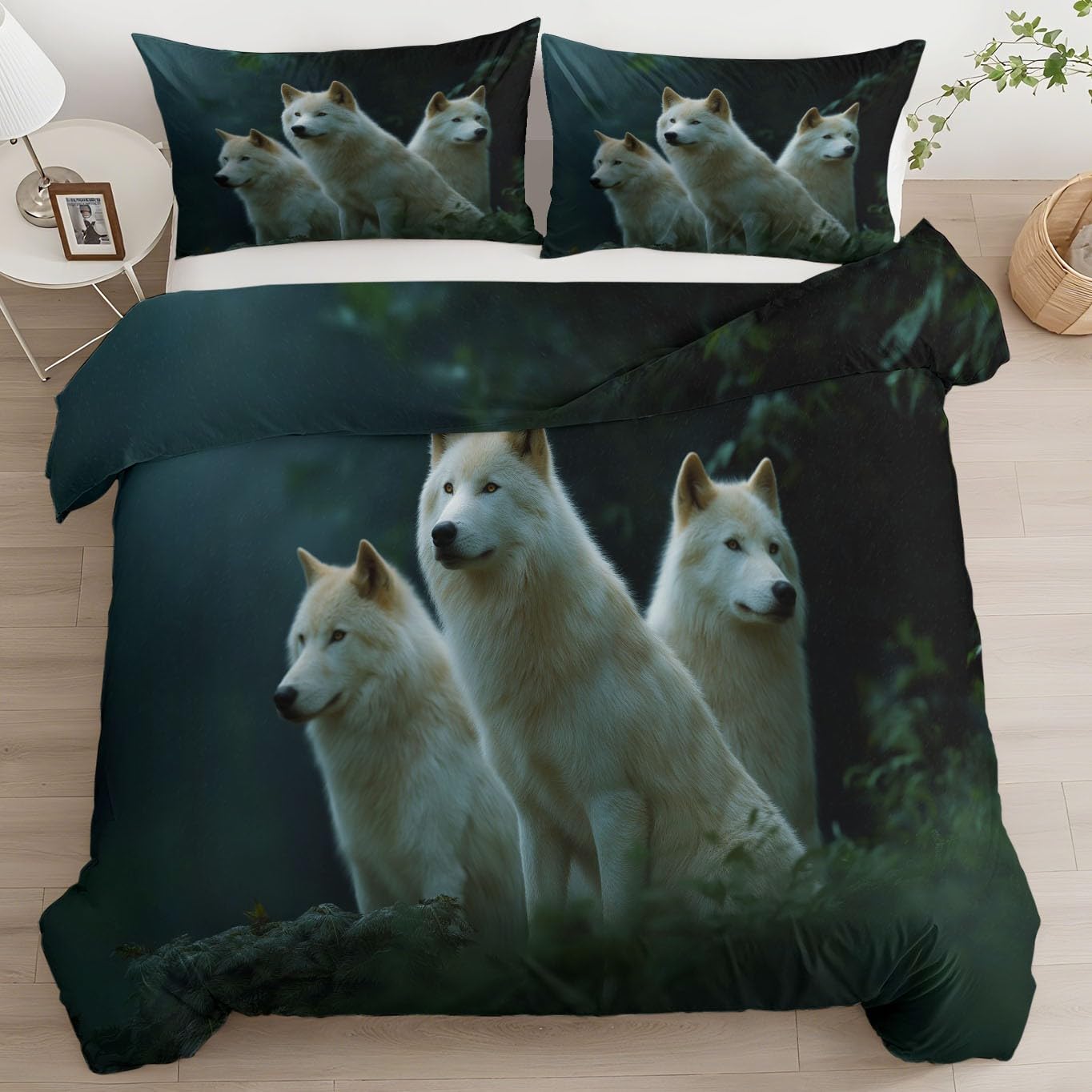 Housse de couette loup et forêt vert foncé pour lit 2 personnes