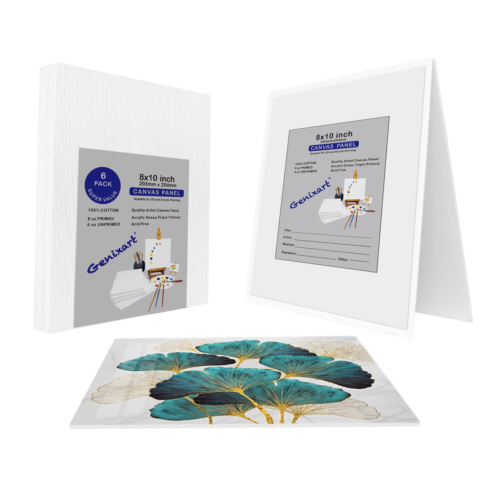 Genixart White Blank Canvas Panels for Art - Primed Artist Canvases Boards for Acrylics & Oils Painting (20x25cm / 8"x10" Inch - 6Pack)