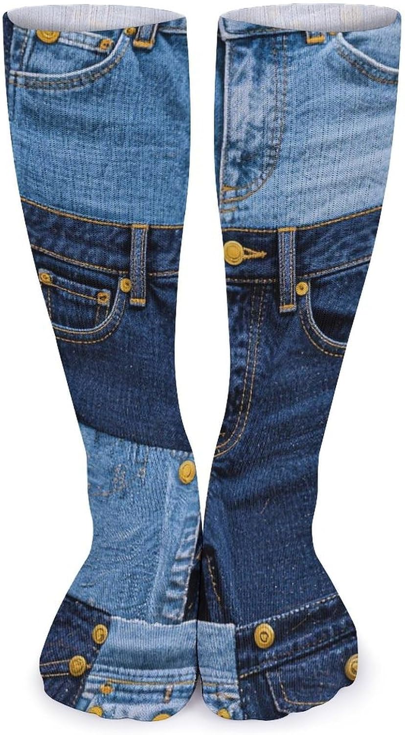 5-Pack Knee High Socks, 15.7 Inch Breathable Casual Socks Denim Print Stockings for Men Women