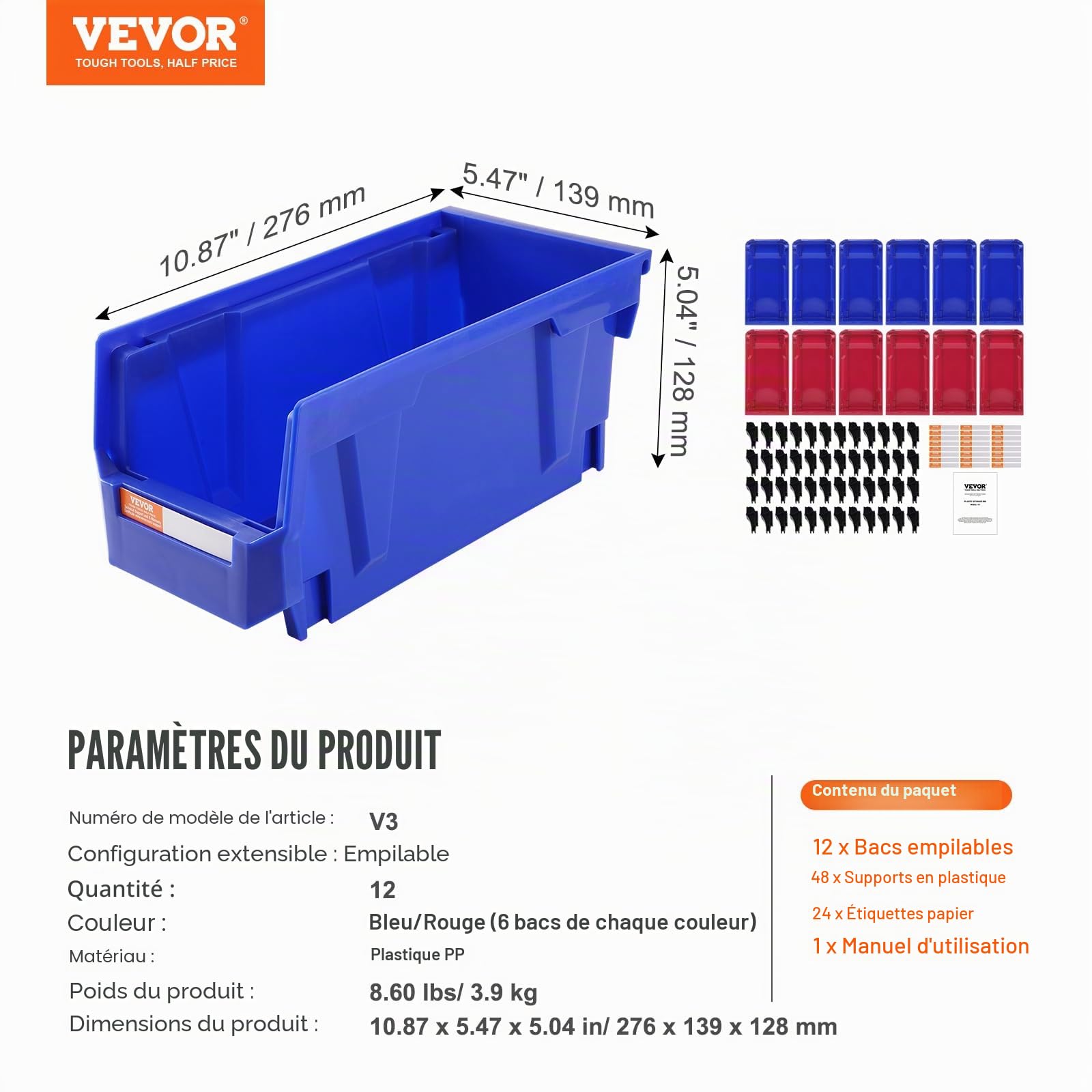 VEVOR Bac à Bec Plastique 12 Boites Rangement Empilables Atelier 276x139x128 mm Bleu/Rouge Combinaison Conteneur de Stockage Robustes pour Placard, Cuisine, Bureau, Garde-manger, Étagère, Mur d'Outils