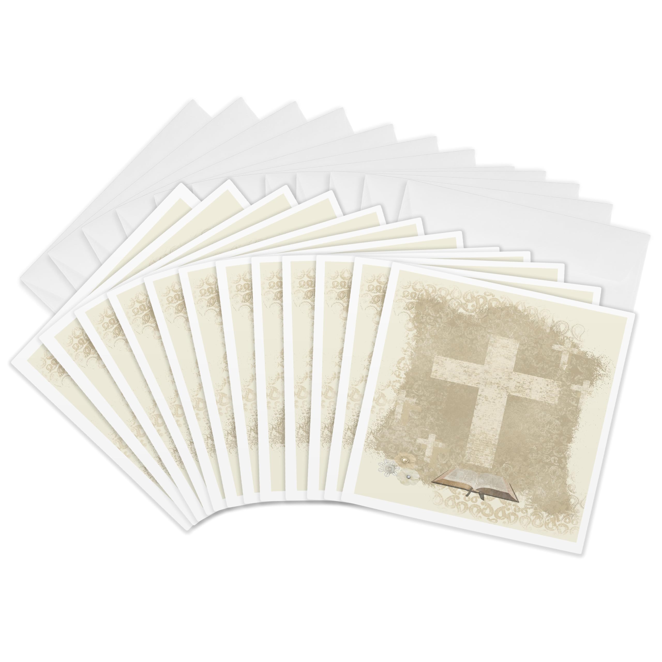 3dRose gc_180922_2 6 x 6-Inch "Crosses with Open Bible, Sepia" Greeting Card (Set of 12)