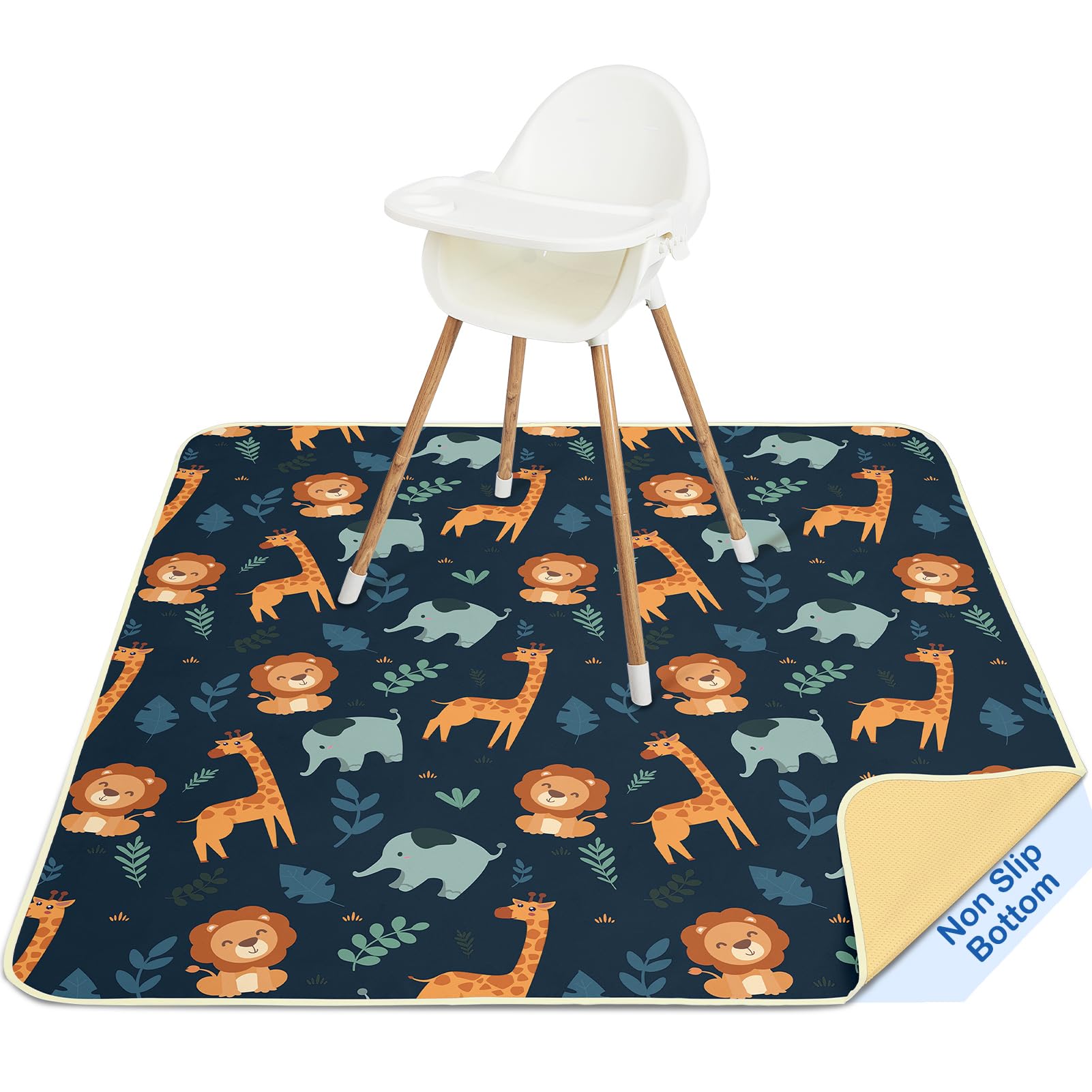 Tappetino Seggiolone Bambini 107x117cm, Unicorn Castle Tappeto Impermeabile Lavabile Antiscivolo, Splash Mat Pieghevole Portatile per Svezzamento e Protezione del Pavimento,Dark Blue Giraffe