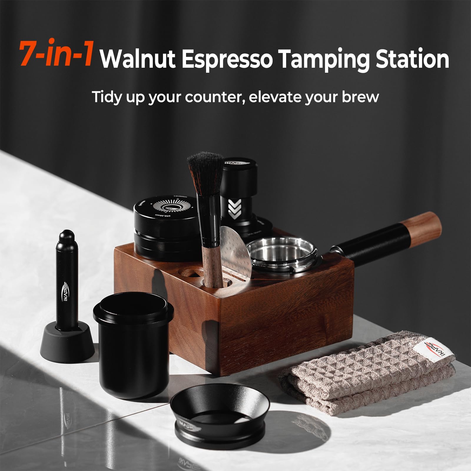 IKAPE Support de tampon à expresso 51/54/58 mm, base en bois, support de tampon en noyer naturel pour accessoires expresso de 51/54/58 mm, hauteur réglable (7 en un)