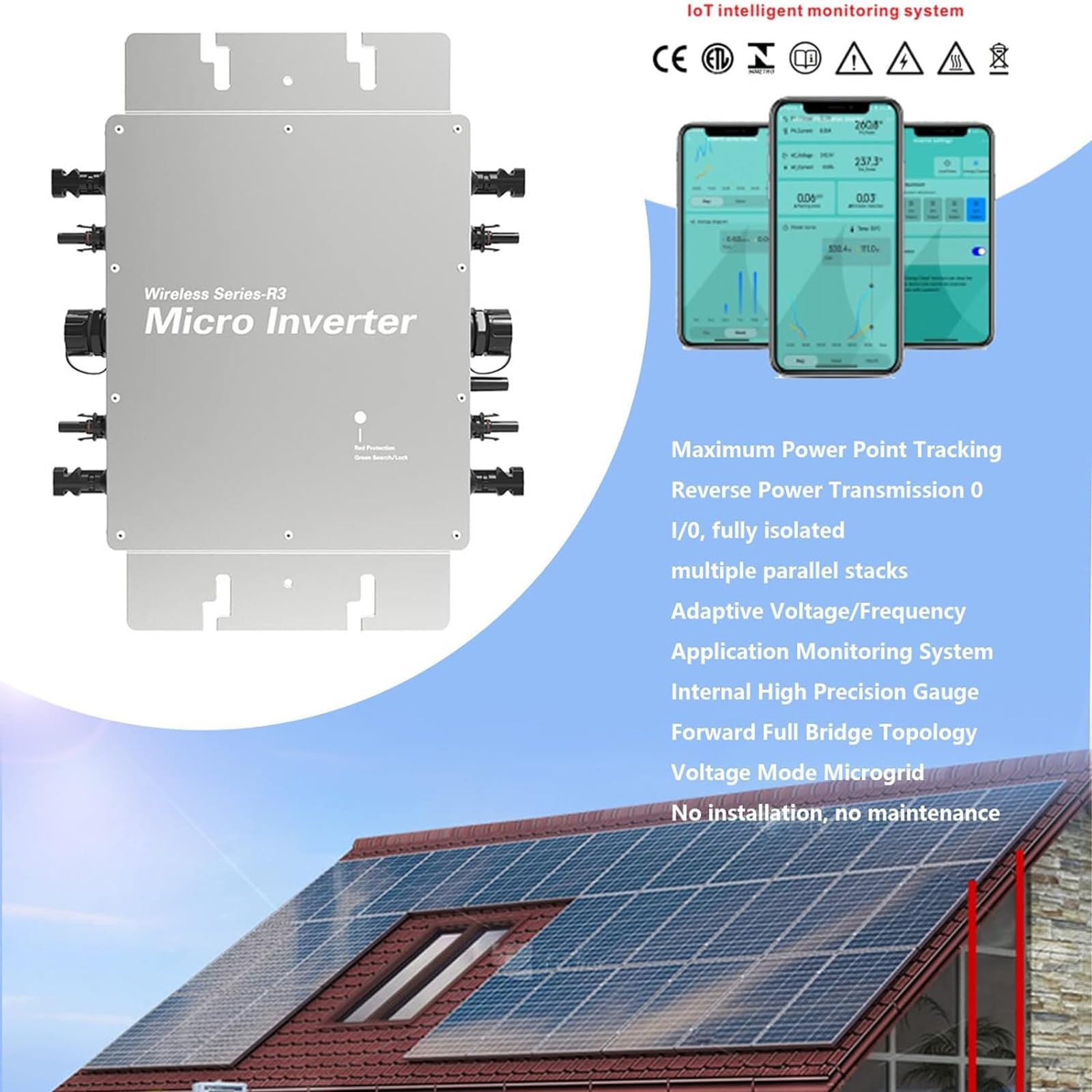 1200W-2400W Solar Micro Inverter Grid Tie Inverter Microinverter Solar Grid Tie Microinverter Wifi Control Automatic Identification Dc to Ac Micro Inverter 120/230V,1400W/1600W